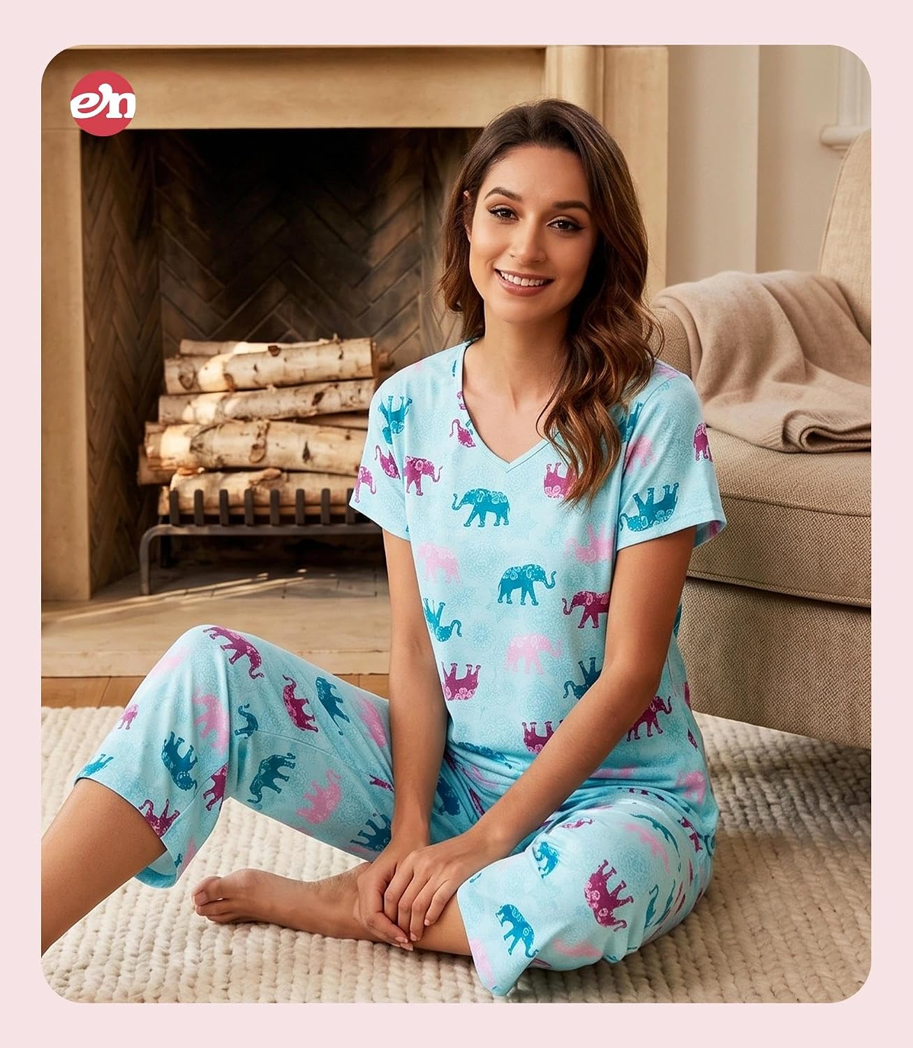 ENJOYNIGHT Womens Pajama Set Cotton Short Sleeve Top With Capri Pants Pj