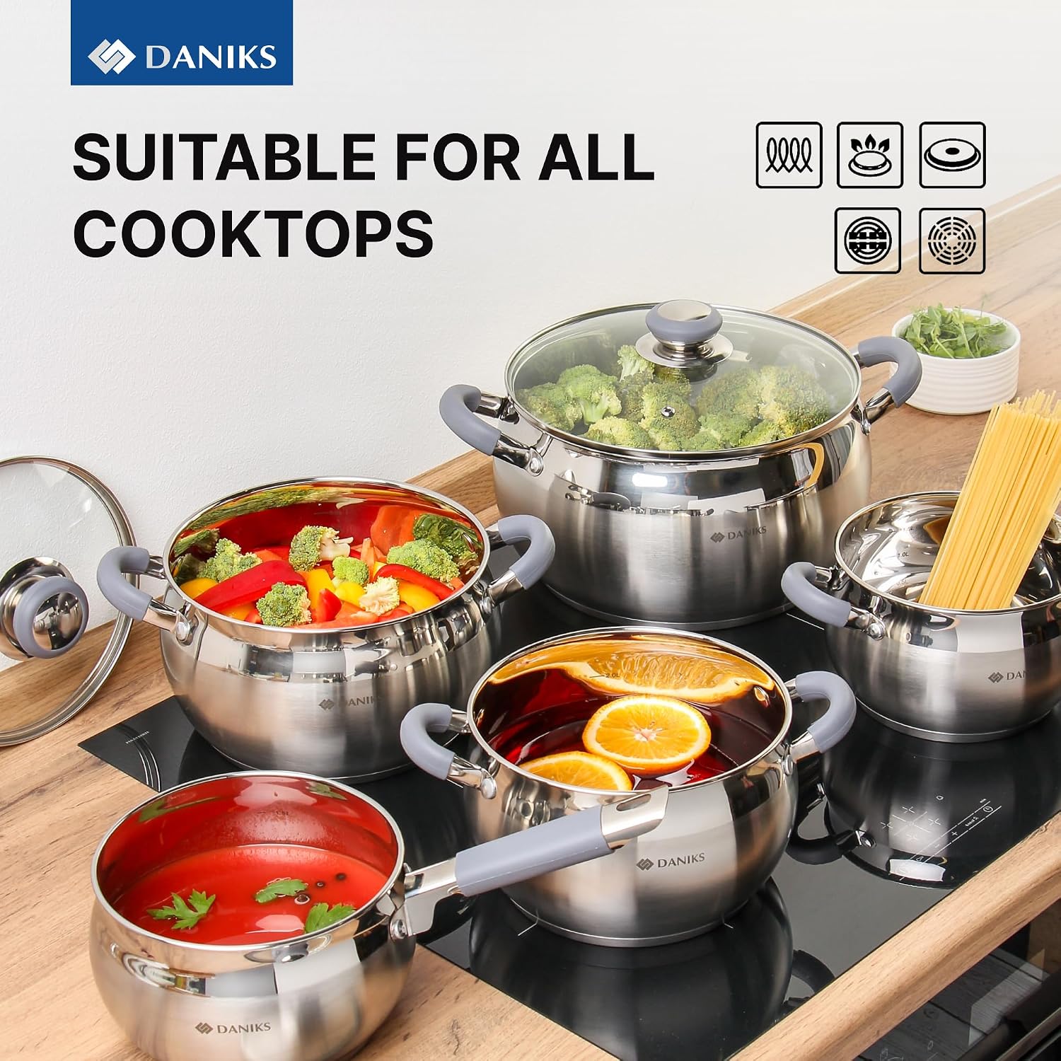 Daniks Modern 4 Quart Stainless Steel Stock Pot with Glass Lid, Tri-Ply Bottom for Even Heating, Induction Compatible, Dishwasher Safe