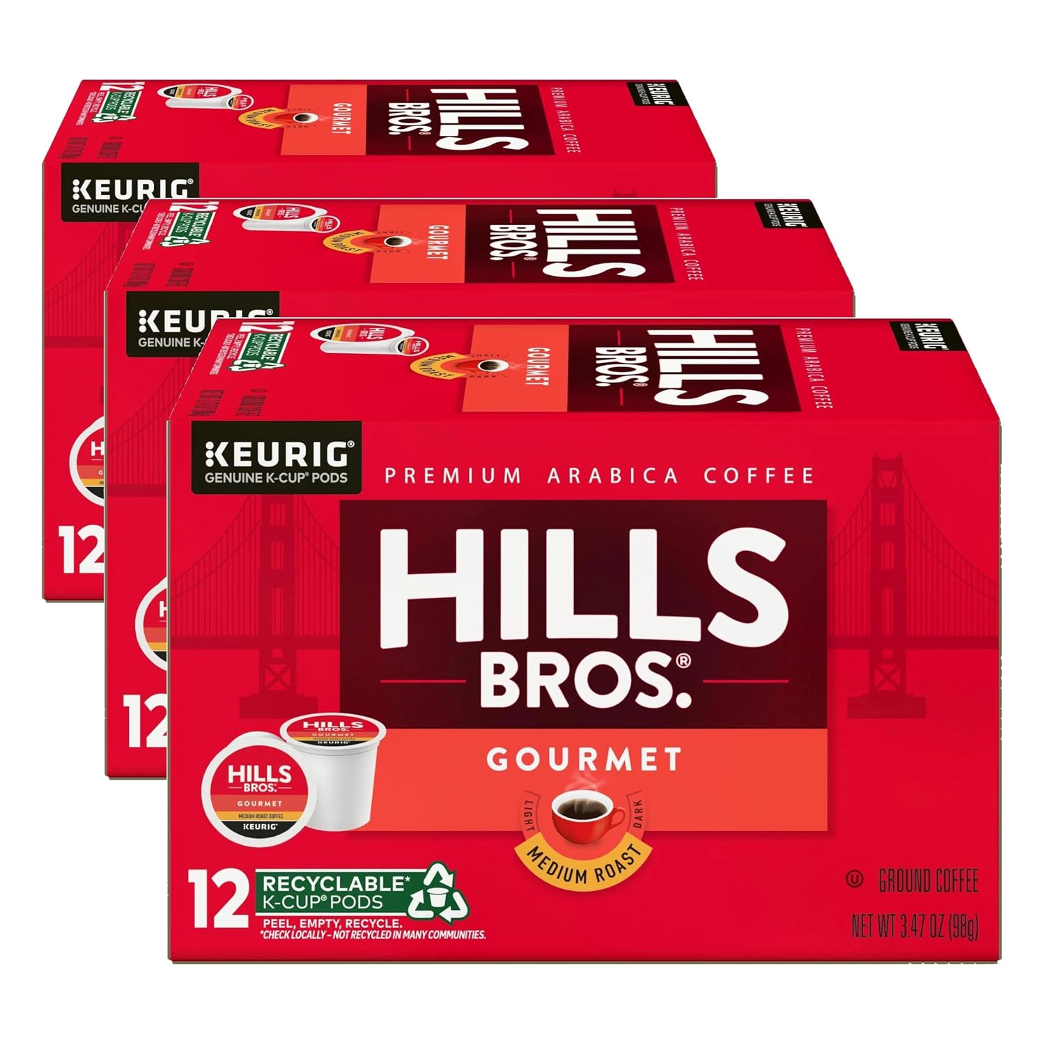 Hills Bros Single Serve Coffee Pods, 100% Colombian Ground Coffee, Medium Roast, 12 Count – Keurig Compatible, Roasted 100% Arabica Beans, Smooth Balanced Flavor
