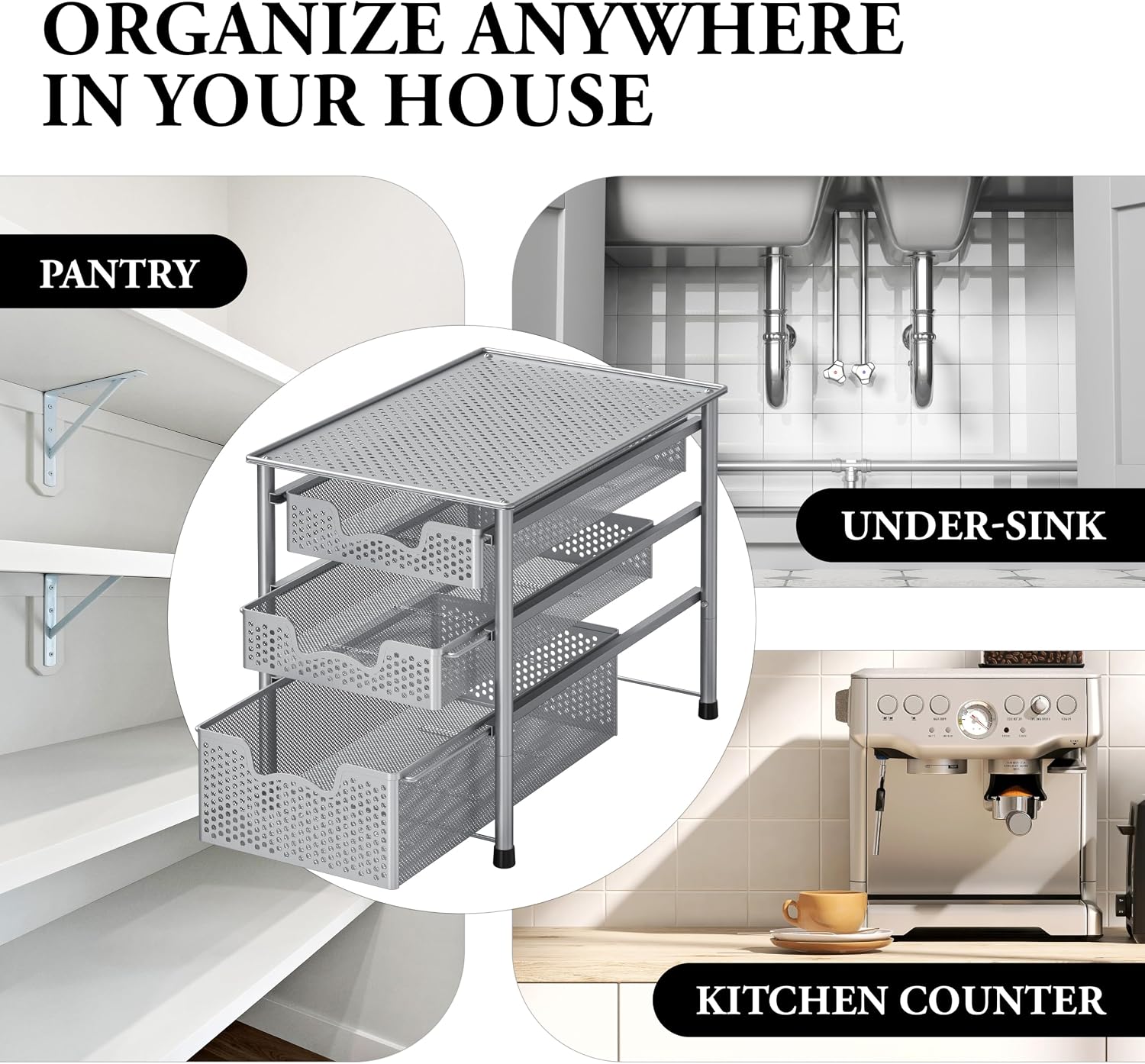 Simple Houseware Stackable 3 Tier Sliding Basket Organizer Drawer, Silver