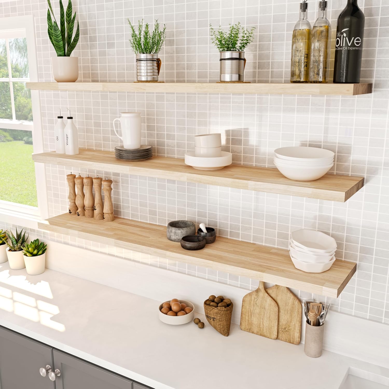 Howizz Butcher Block Countertop 48 x 25 x 1.5 - Hevea Unfinished Solid Wood Table Top, Wood Countertop for DIY Desk, Table, Workbench, Kitchen Island.