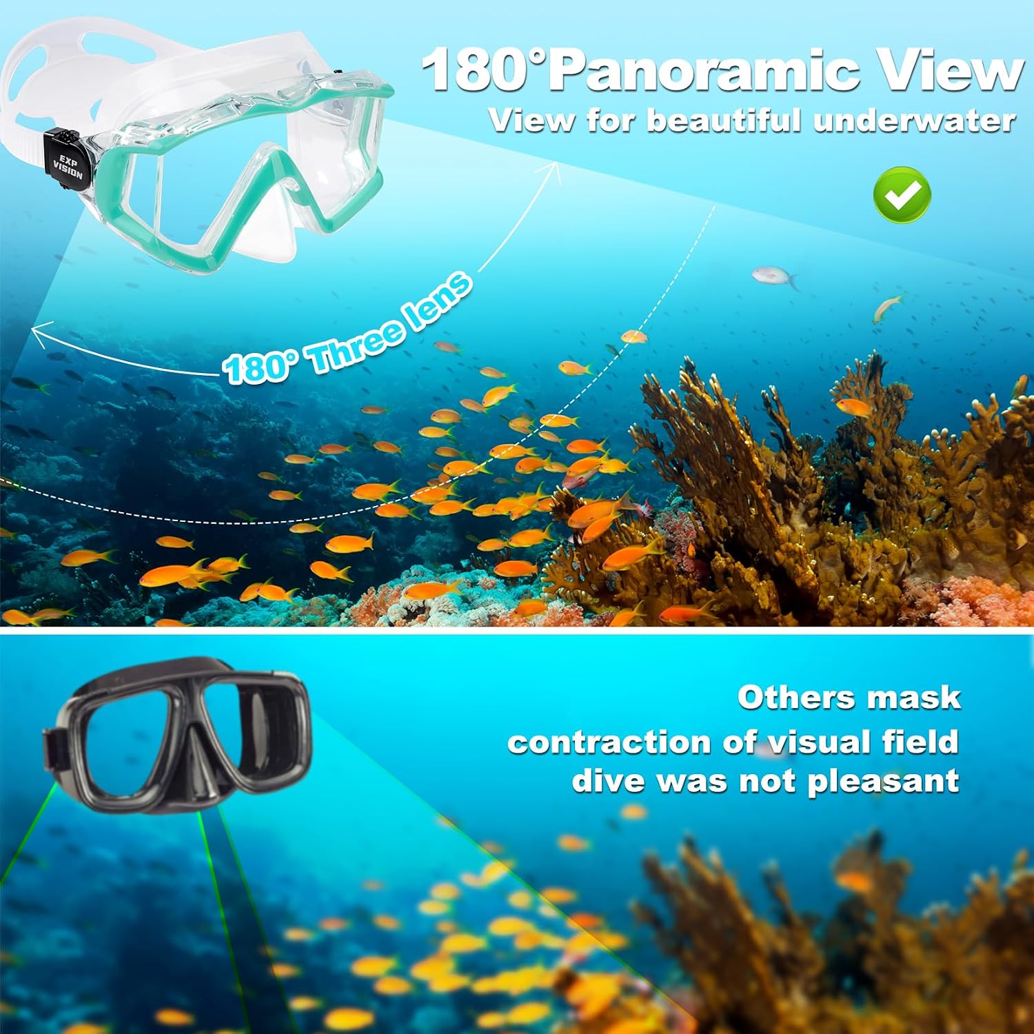 Adult Pano 3 Scuba Diving Mask, Tempered Glass Snorkel Mask Anti-Fog Swim Mask No Leakage Swim Goggles with Nose Cover Snorkeling Gear for Snorkeling