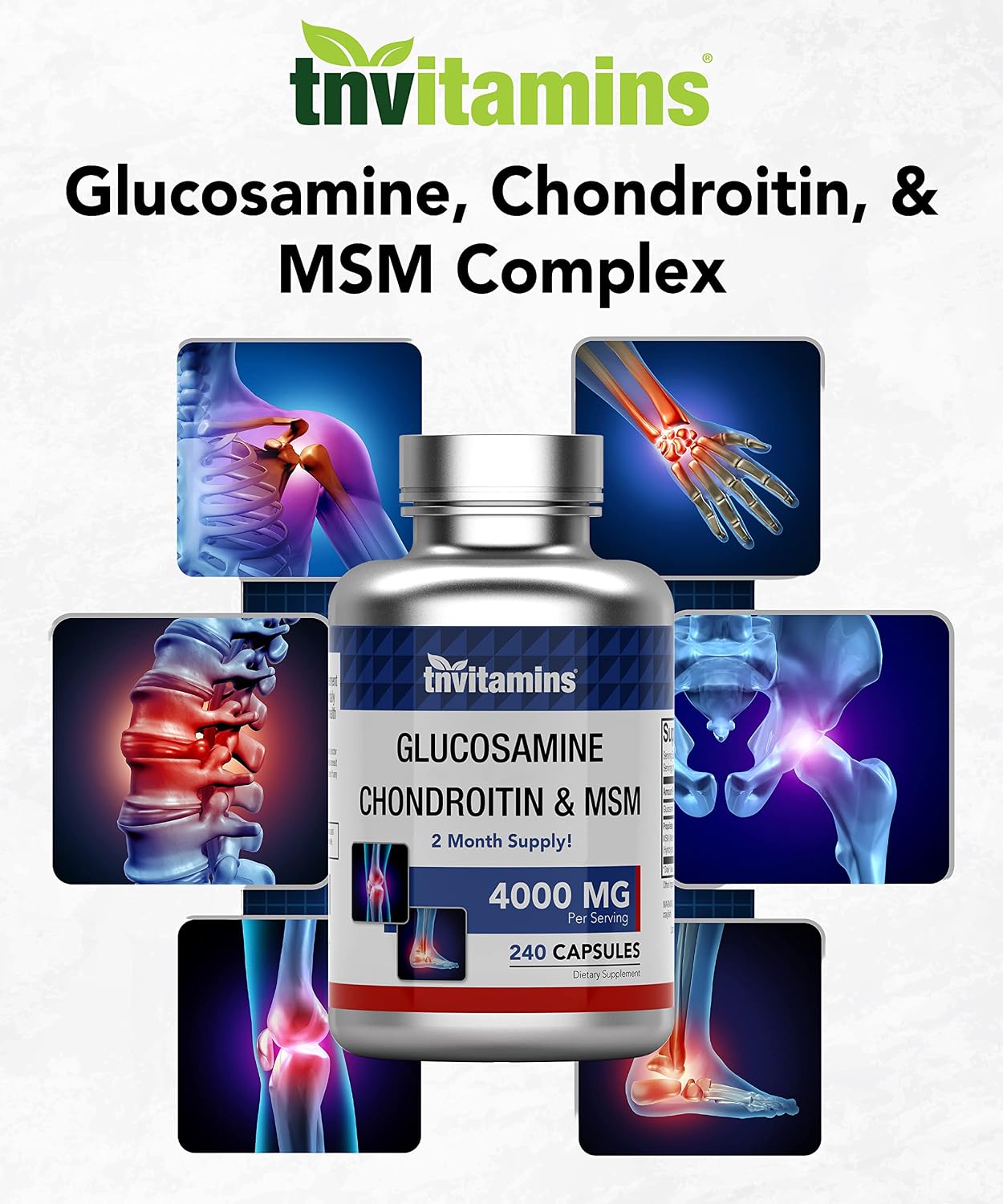 tnvitamins Glucosamine Chondroitin MSM Capsules, 240 Count | 4, 000 mg Per Serving | 2, 000 mg Glucosamine Sulfate 2KCl + 2