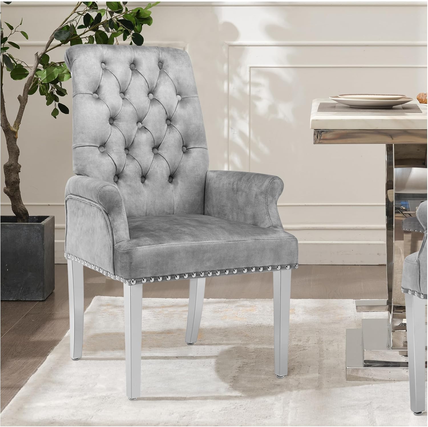 adochr Dining Chairs with Arms,Linen High Back Dining Room Chairs, Beige