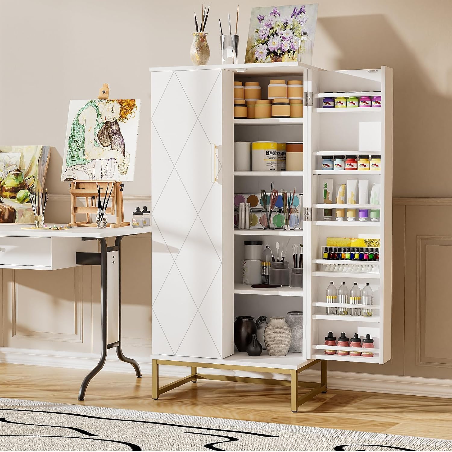 kepptory 47” Pantry Cabinet, Kitchen Pantry Storage Cabinet with Doors and Adjustable Shelves,Freestanding Buffet Cupboards Sideboard for Living Room and Dinning Room (White)