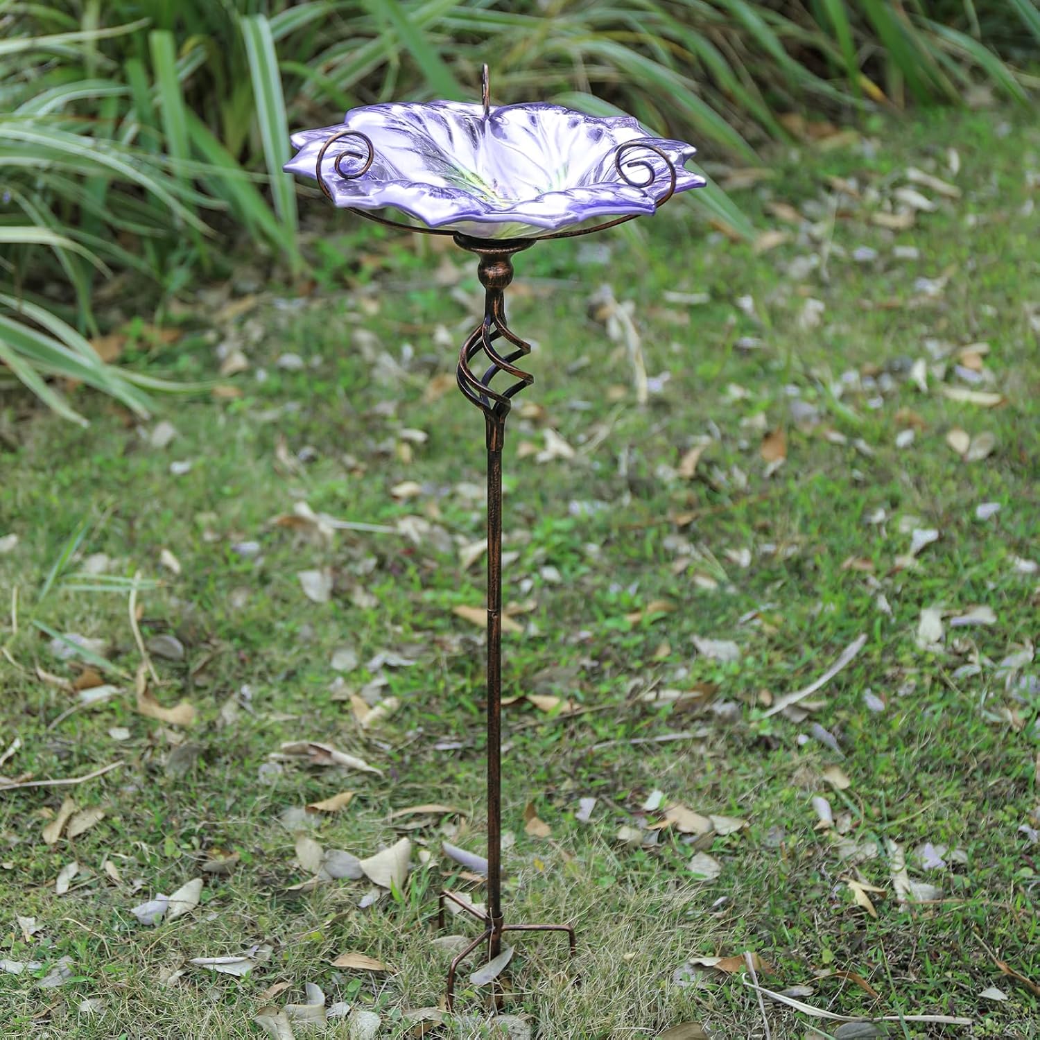 VCUTEKA Glass Bird Bath Outdoor Birdfeeder with Metal Stake Garden Decor