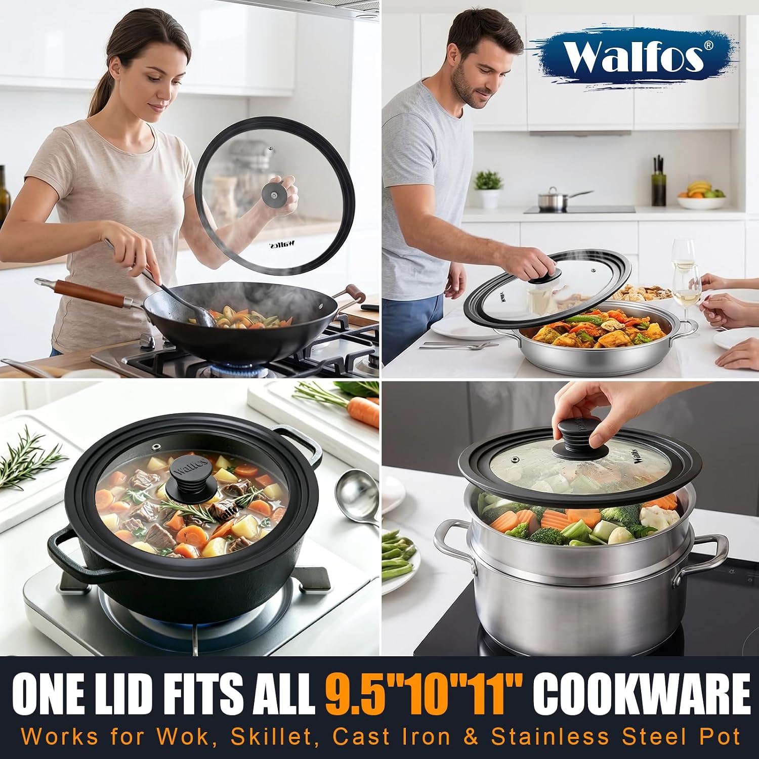 Universal Lid for Pots, Pans and Skillets - Tempered Glass with Heat Resistant Silicone Rim, Fits 10", 11" and 12" Diameter Cookware, Round
