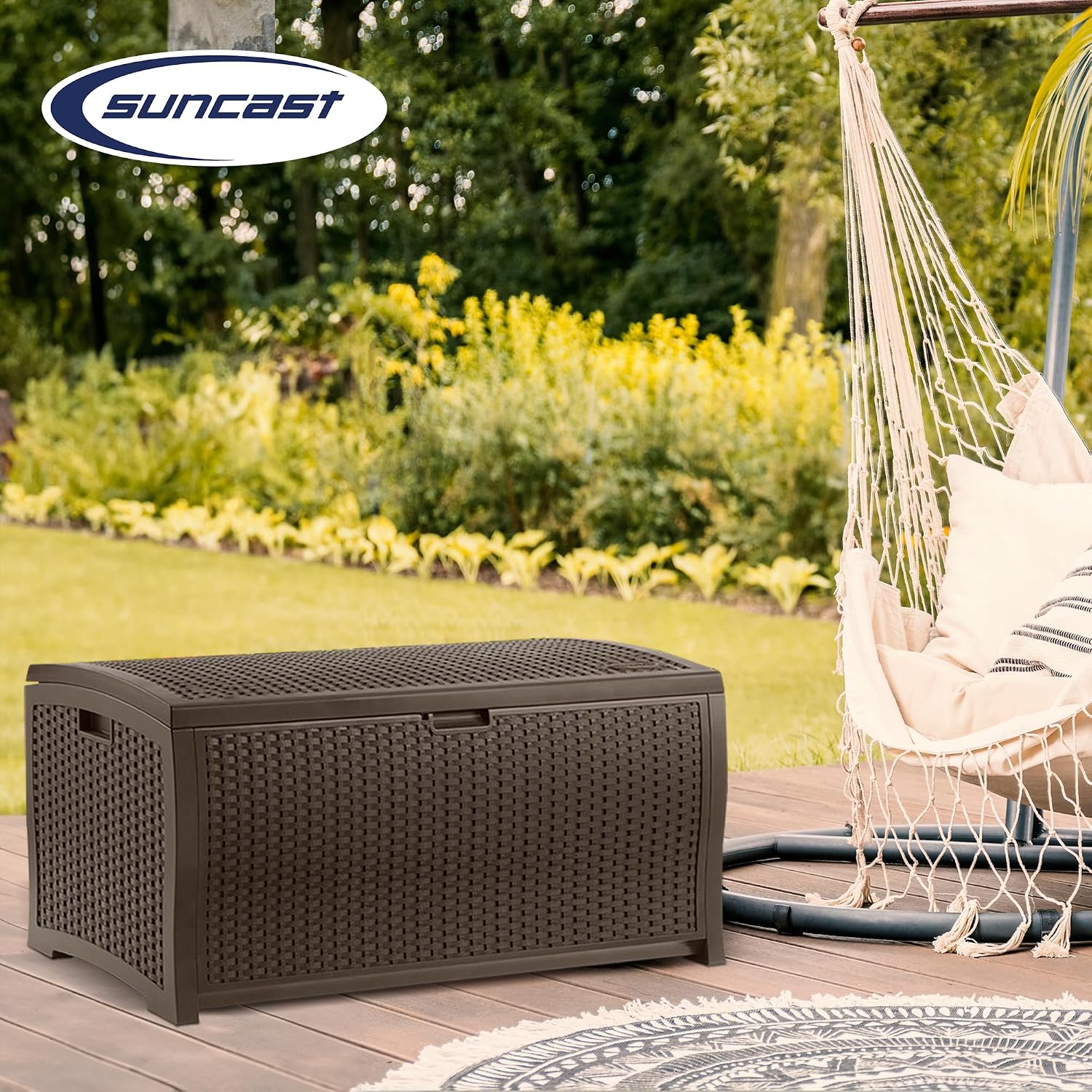 Suncast Outdoor Storage Box - 73 Gallon Mocha Brown Deck Box for Patio, weather-resistant Outdoor Storage Bench, Resin Wicker Style, Heavy-Duty, Lockable Lid for Cushions, Shoes, Pool & Garden Gear