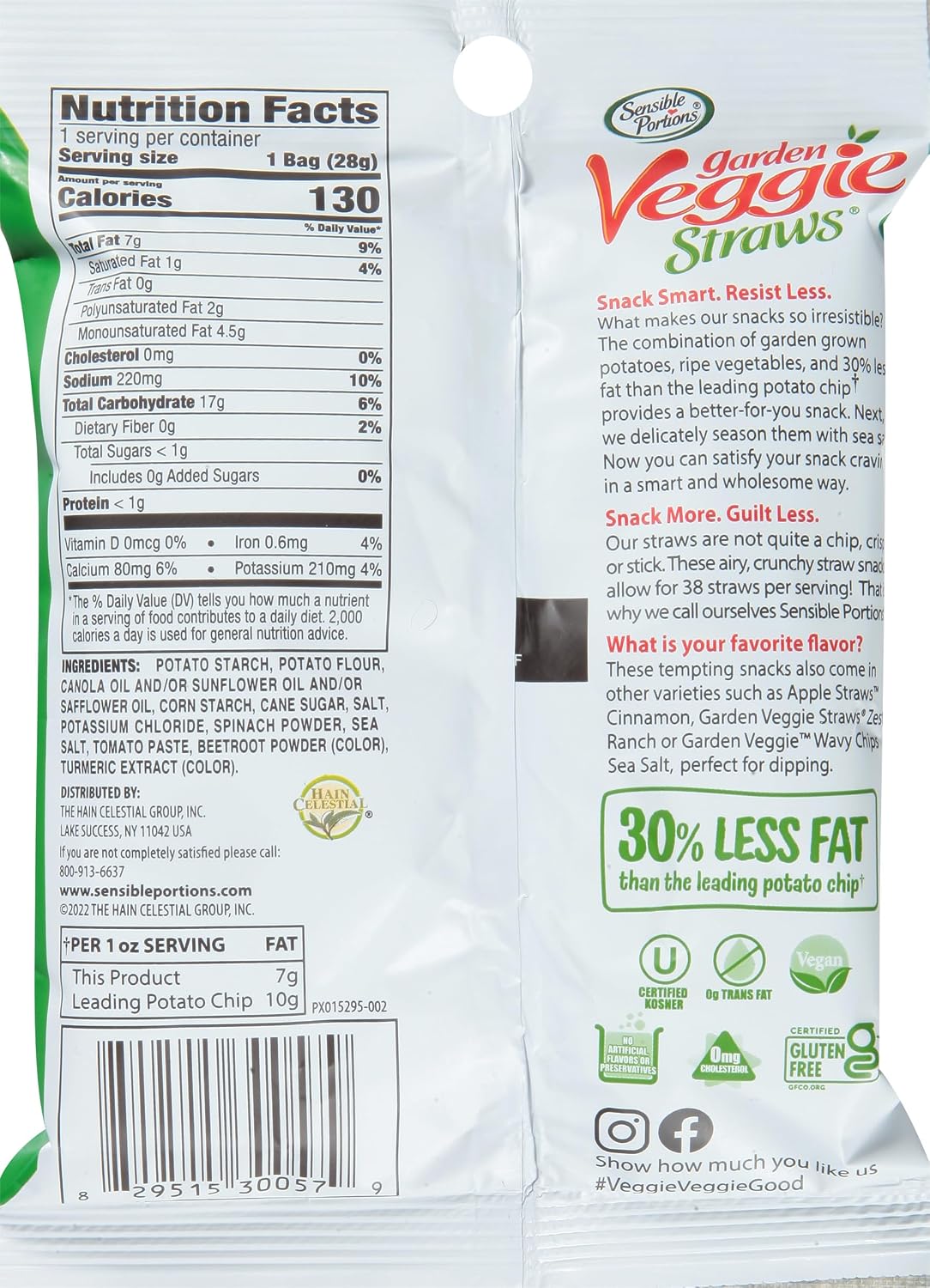 Sensible Portions Garden Veggie Snacks - Veggie Straws, Gluten Free, Snack Size Sea Salt, 1 Oz (Pack of 24)