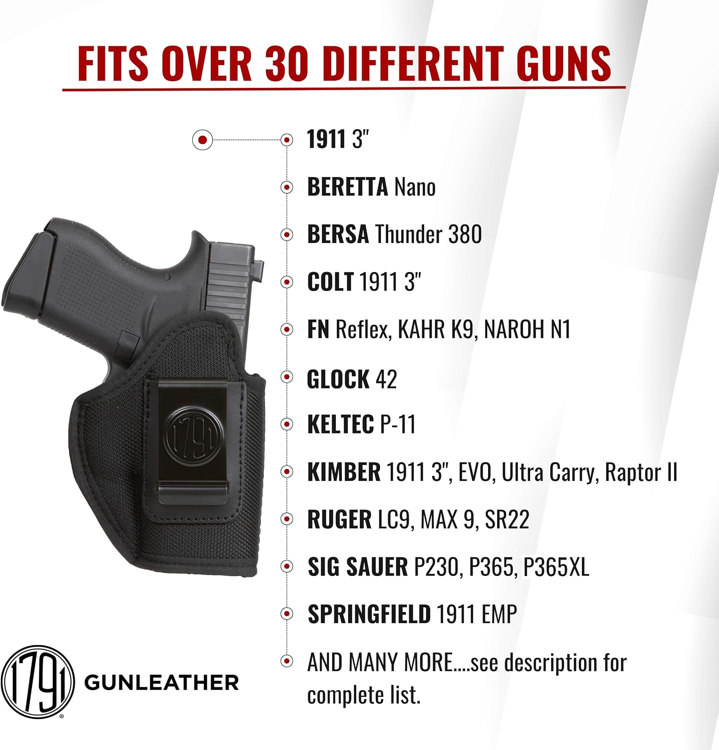 1791 Gunleather IWB Holster Fits FN Reflex, Sig P365, P365XL, Glock 43X, 43 | Soft leather gun holster also fits Glock 42, Hellcat, Ruger Max 9, LC9, SR22, Bersa Thunder 380, Walther PPK