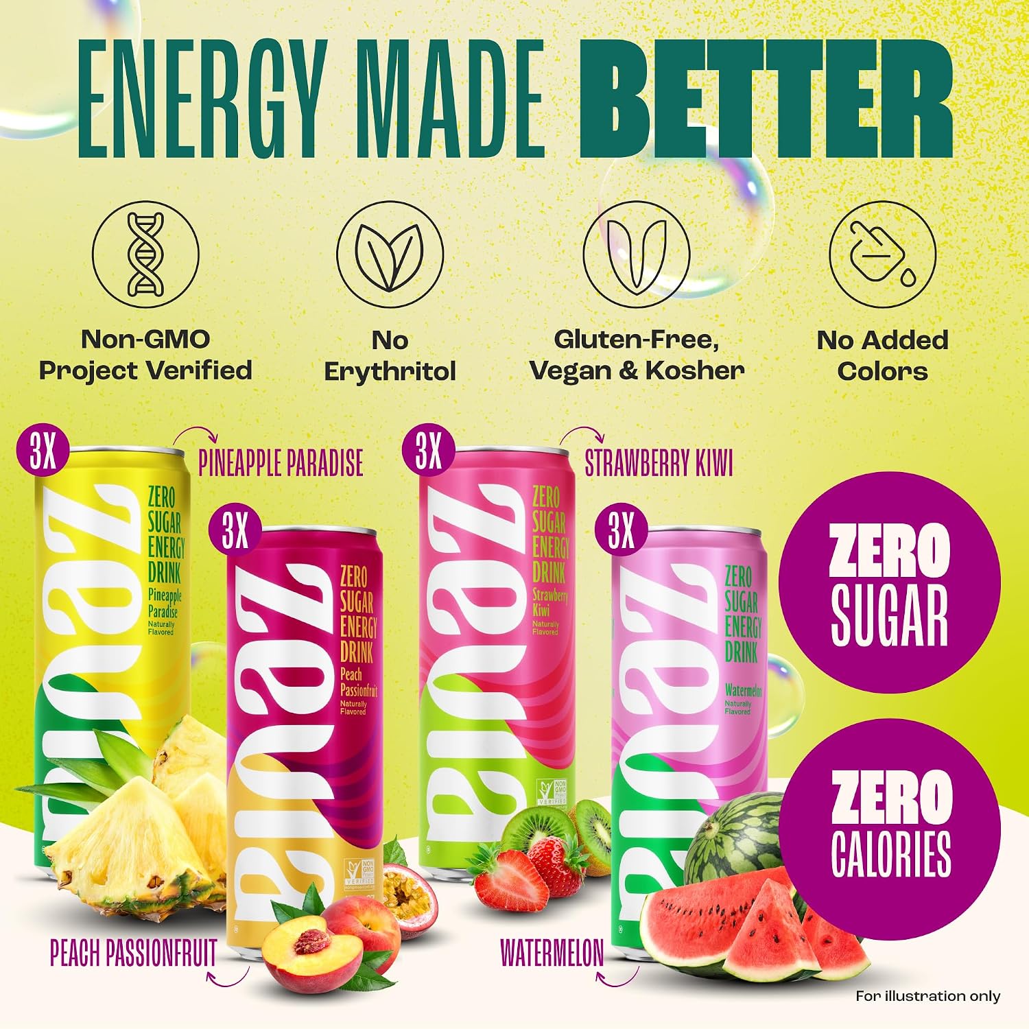 Zevia Zero Sugar Energy Drink, Raspberry Lime, 12 oz Cans (12-Pack) – Naturally Sweetened, Zero Calorie Sugar Free Energy - Non-GMO Project Verified, Gluten-Free, Vegan