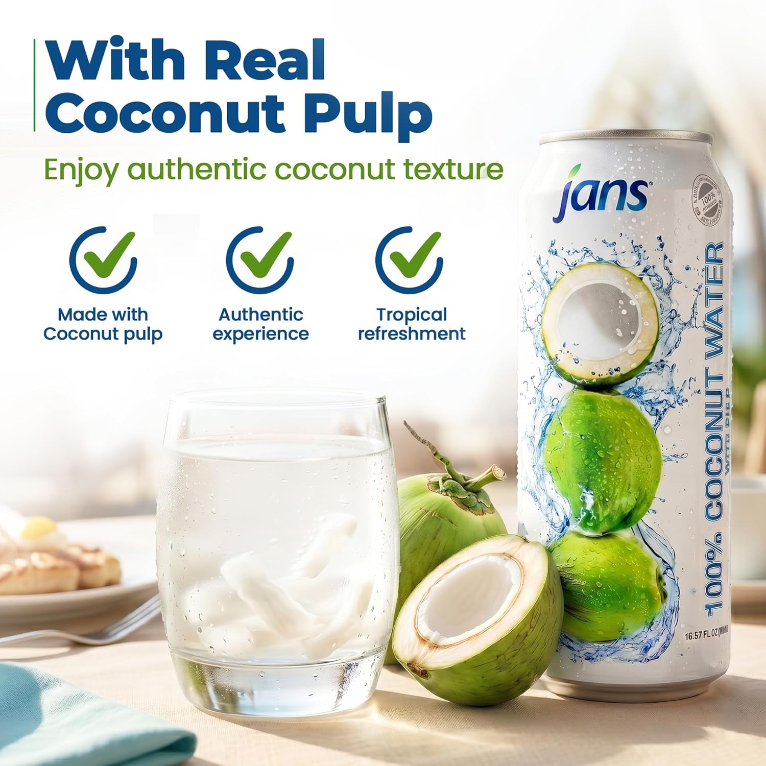 Jans 100% Coconut Water With Pulp, Unsweetened, 16.57 Fl Oz, Pack of 12