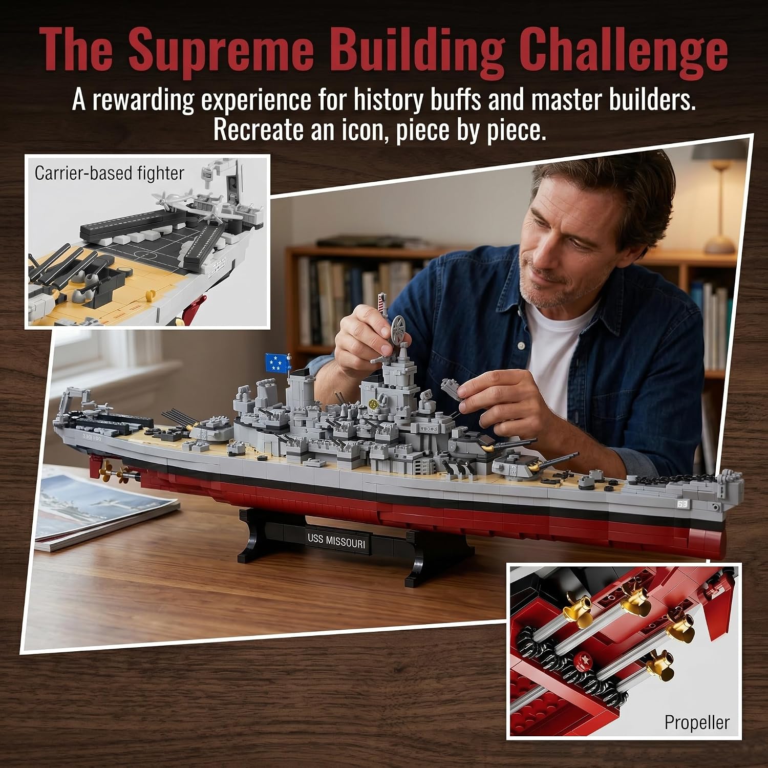 USS Missouri Battleship Building Blocks Set, 2228PCS WW2 Military Series Warship Model Building Kit