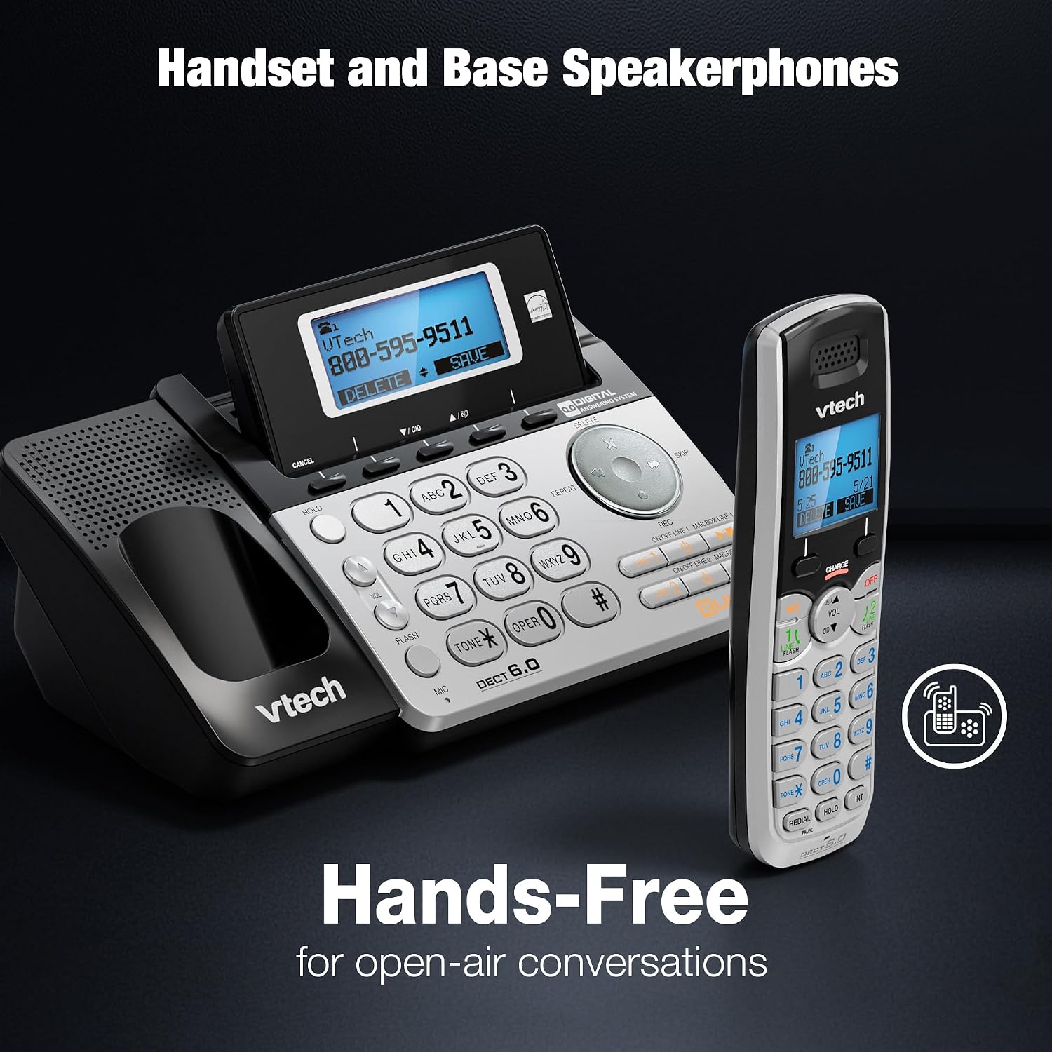 VTech DS6101 Accessory Handset for DS6151 Series, Black/Silver | 2-Line Cordless Phone, Answering System, Expandable up to 12 Handsets, Intercom & Conference