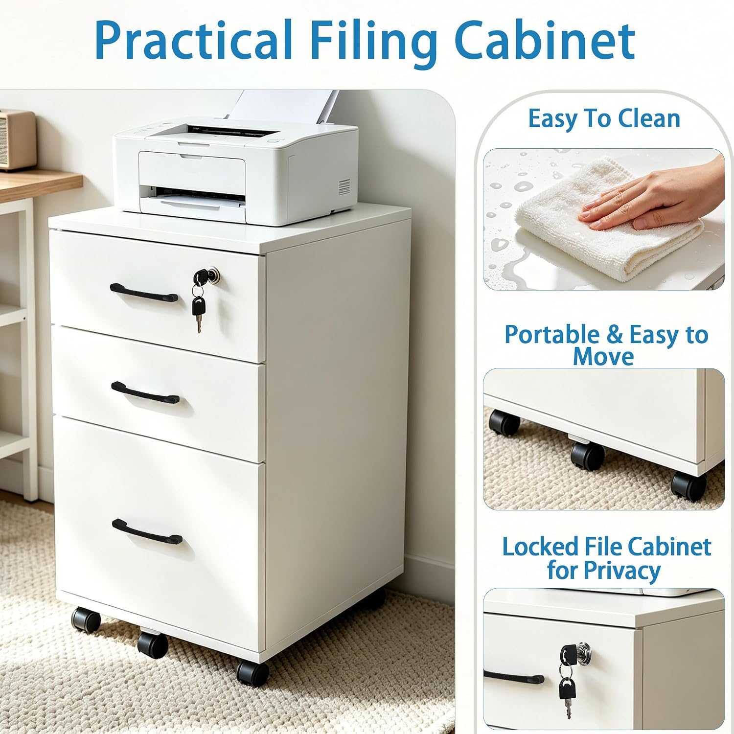 File Cabinet With Lock, 3 Drawer Wood Rolling Filing Under Desk for Home Office, Storage Fits Letter/A4 Size, Mobile Printer Stand, White