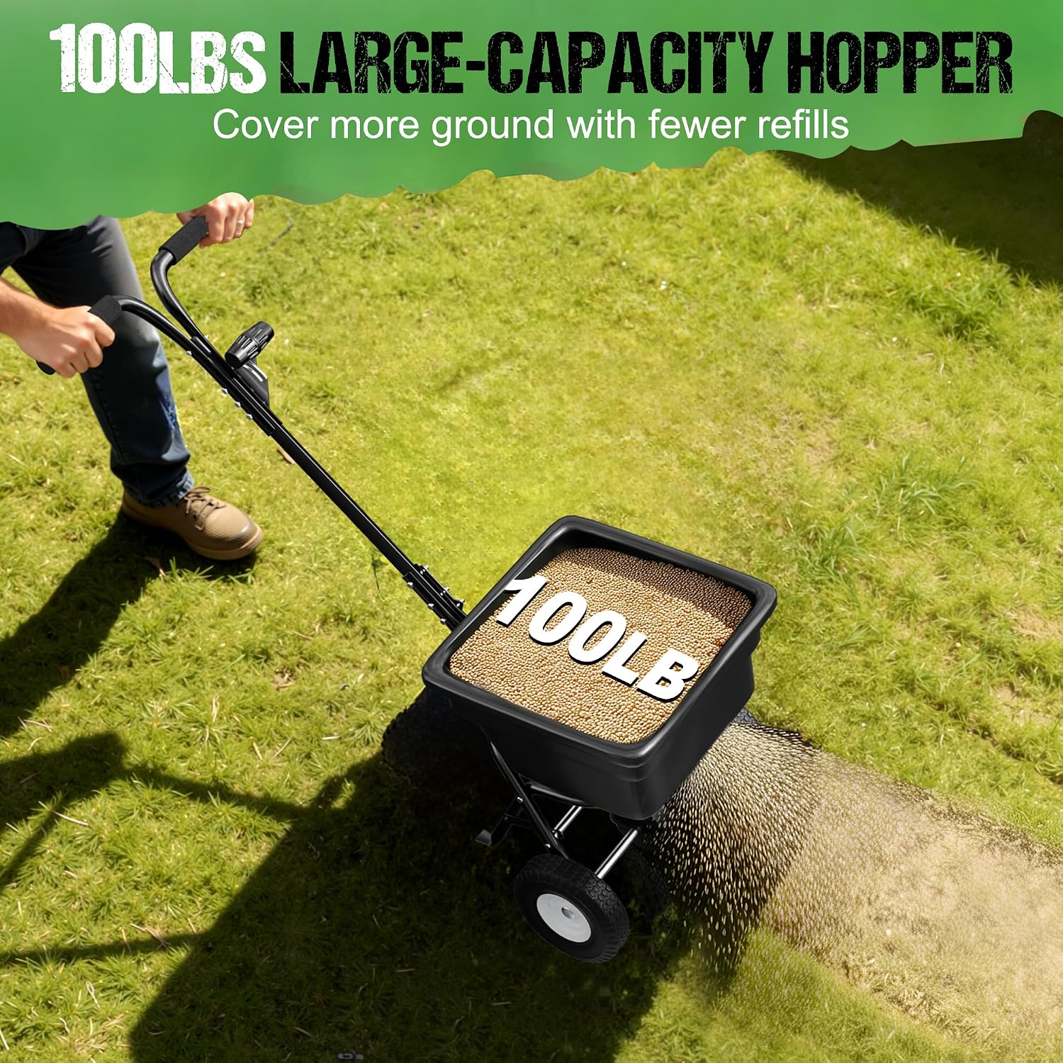 PPOLB Broadcast Spreader for Lawns, 50LB Fertilizer Spreader with 30-Level Flow Control, Walk Behind Lawn Seed & Salt Spreader, 0–10FT Coverage, Hopper Screen, Rain Cover, 12" Pneumatic Wheels