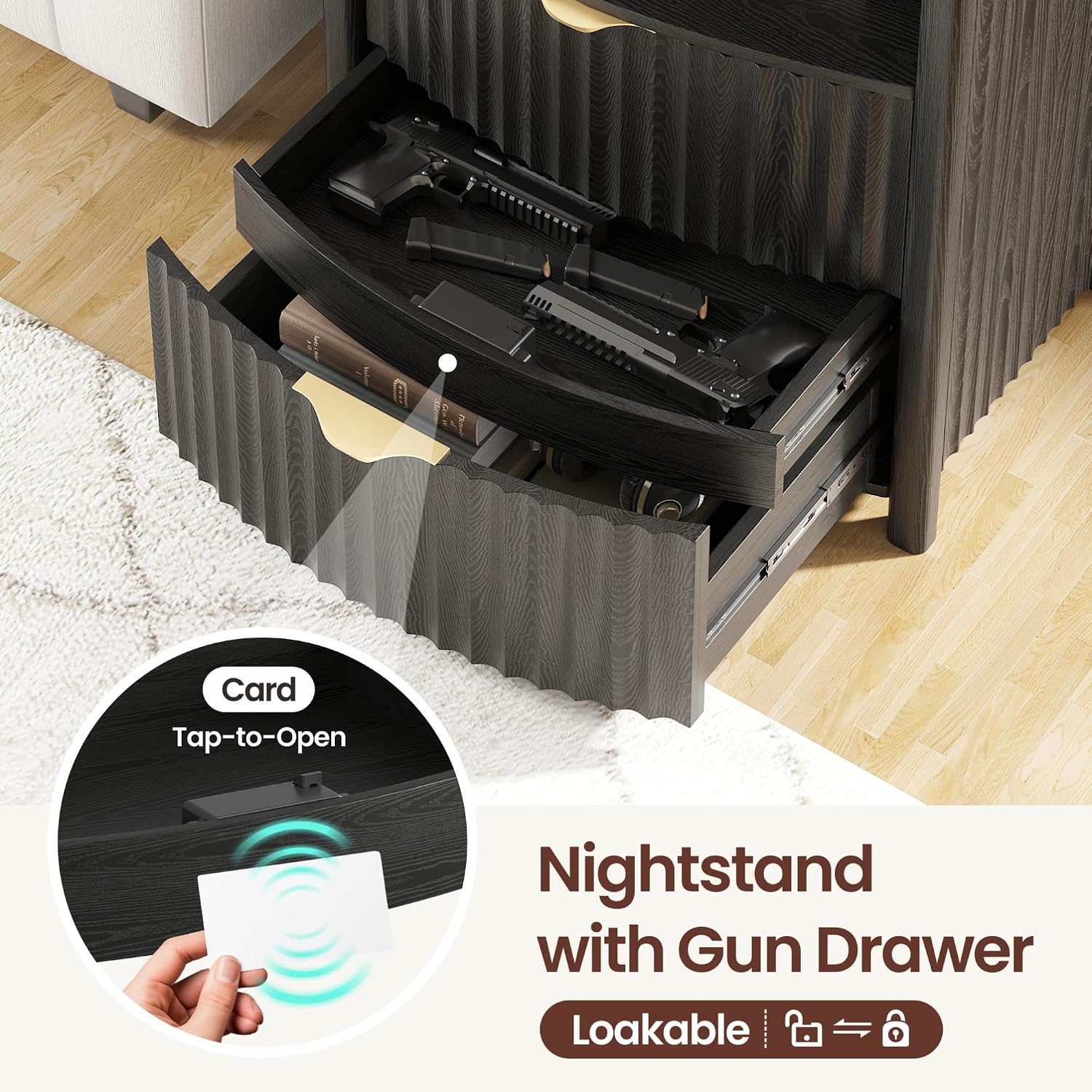 Dystler Fluted LED Night Stand with Hidden Gun Drawer & Charging | 19.7" W Curved Smart Bedside Table, 3-Color LED lights, 2 Drawers, Nightstand with Card-Lock, End Table for Bedroom, Walnut
