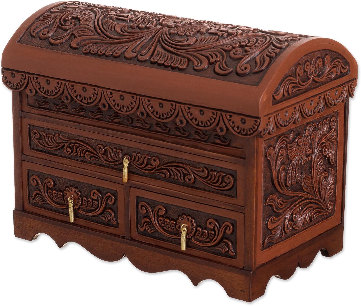 NOVICA Artisan Handmade Leather Cedar Wood Jewelry Chest Bird Pattern from Peru Brown Boxes Colonial Floral Animal Themed [8.25in H x 11.5in W x 6in
