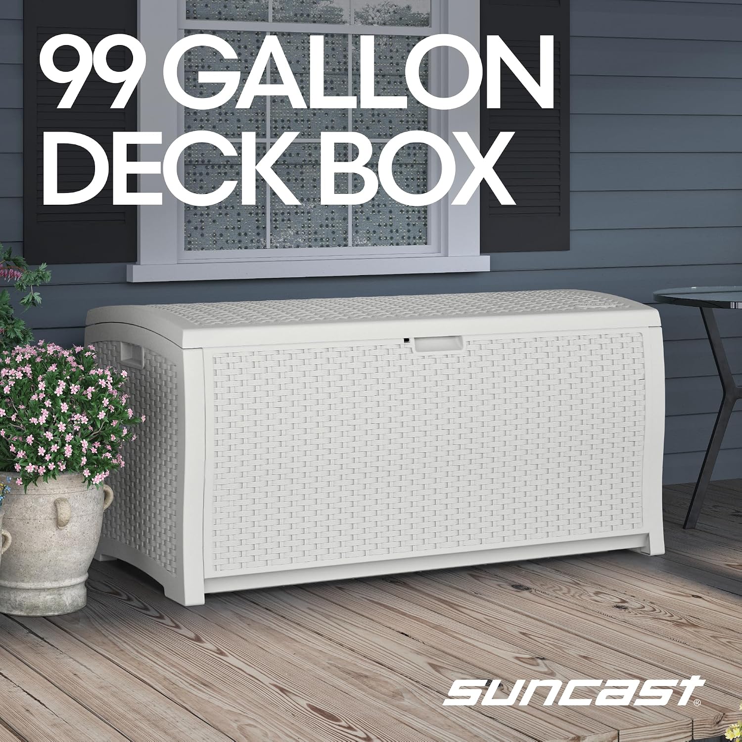 Suncast 99 Gal Wicker Resin Deck Box, Storage Chest Bin with Handles, Java