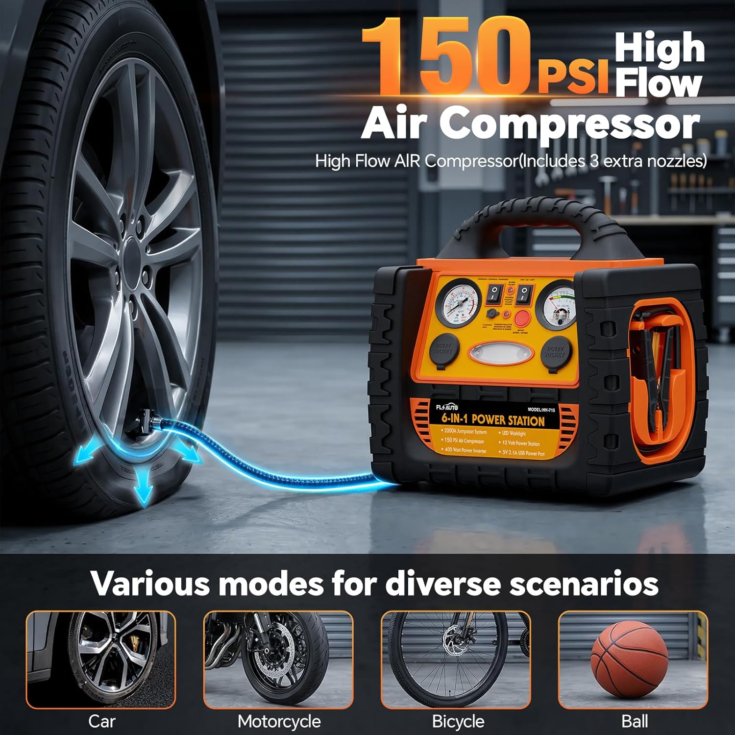Portable Jump Starter with Air Compressor, FlyAuto 2200A Battery Booster for Cars, Trucks & SUVs, Up to 8.5L Gas & 8.0L Diesel, 150PSI Tire Inflator
