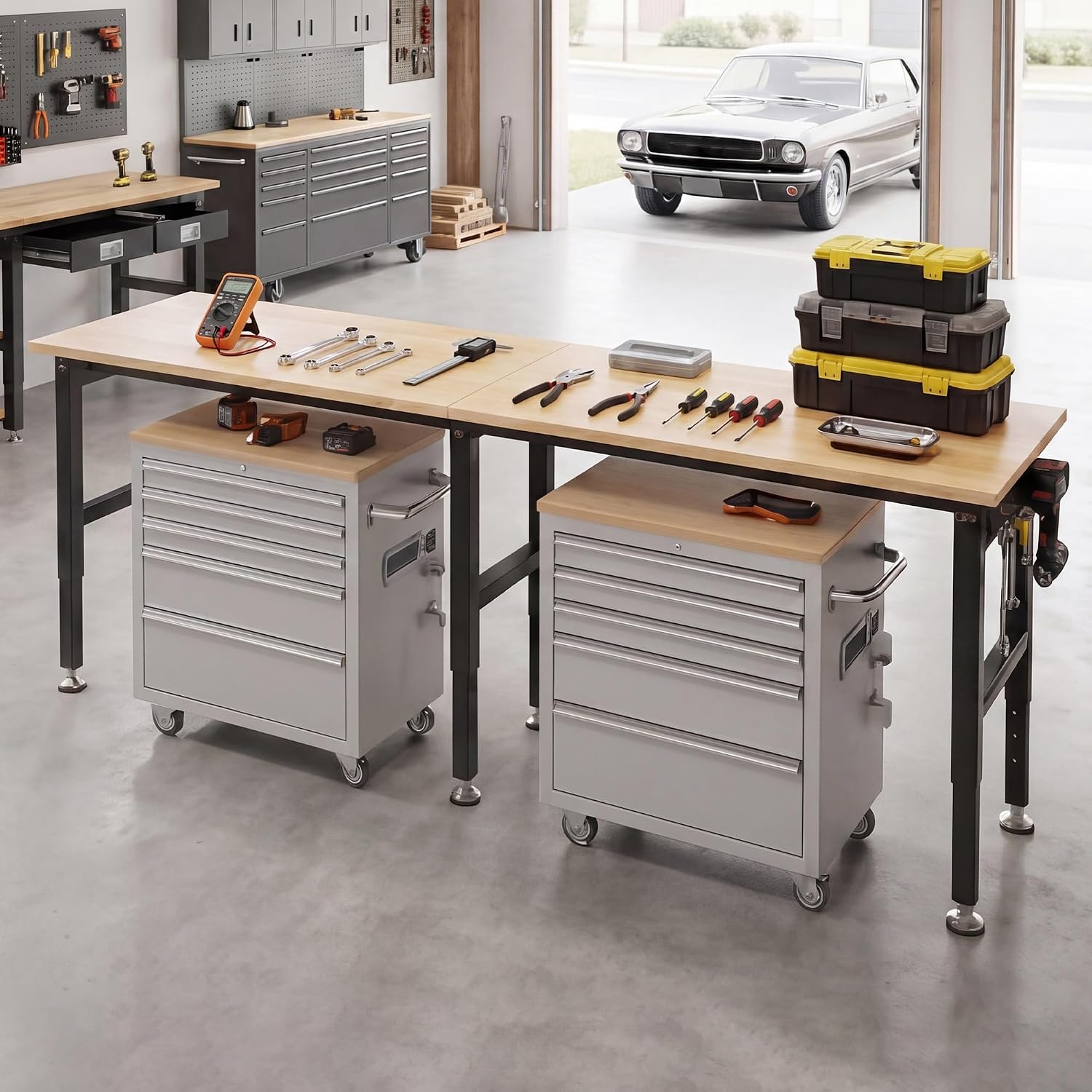 SPECRAFT Adjustable Black Heavy-Duty Workbench | 2000 Lbs Capacity, Rubber Wood Top, 4 AC Outlets and 2 USB Ports, for Garage, Workshop and Office