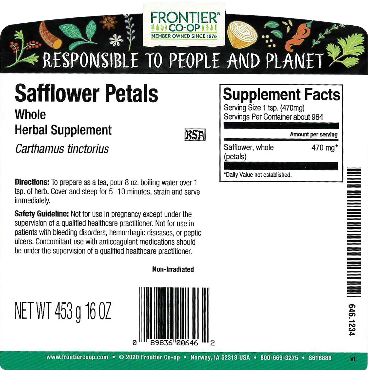 Frontier Co-op Safflower Petals Whole, Kosher | 1 lb. Bulk Bag | Carthamus tinctorius L.