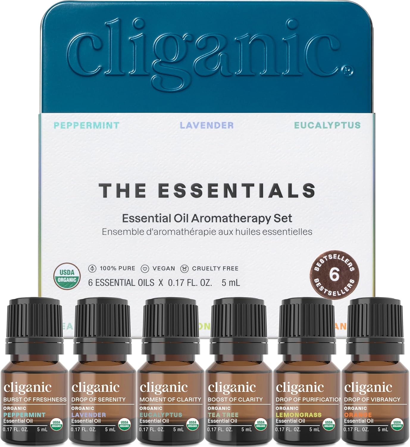 Cliganic Organic Aromatherapy Essential Oils Set (Top 6 - The Essentials), 100% Pure Natural - Peppermint, Lavender, Eucalyptus, Tea Tree