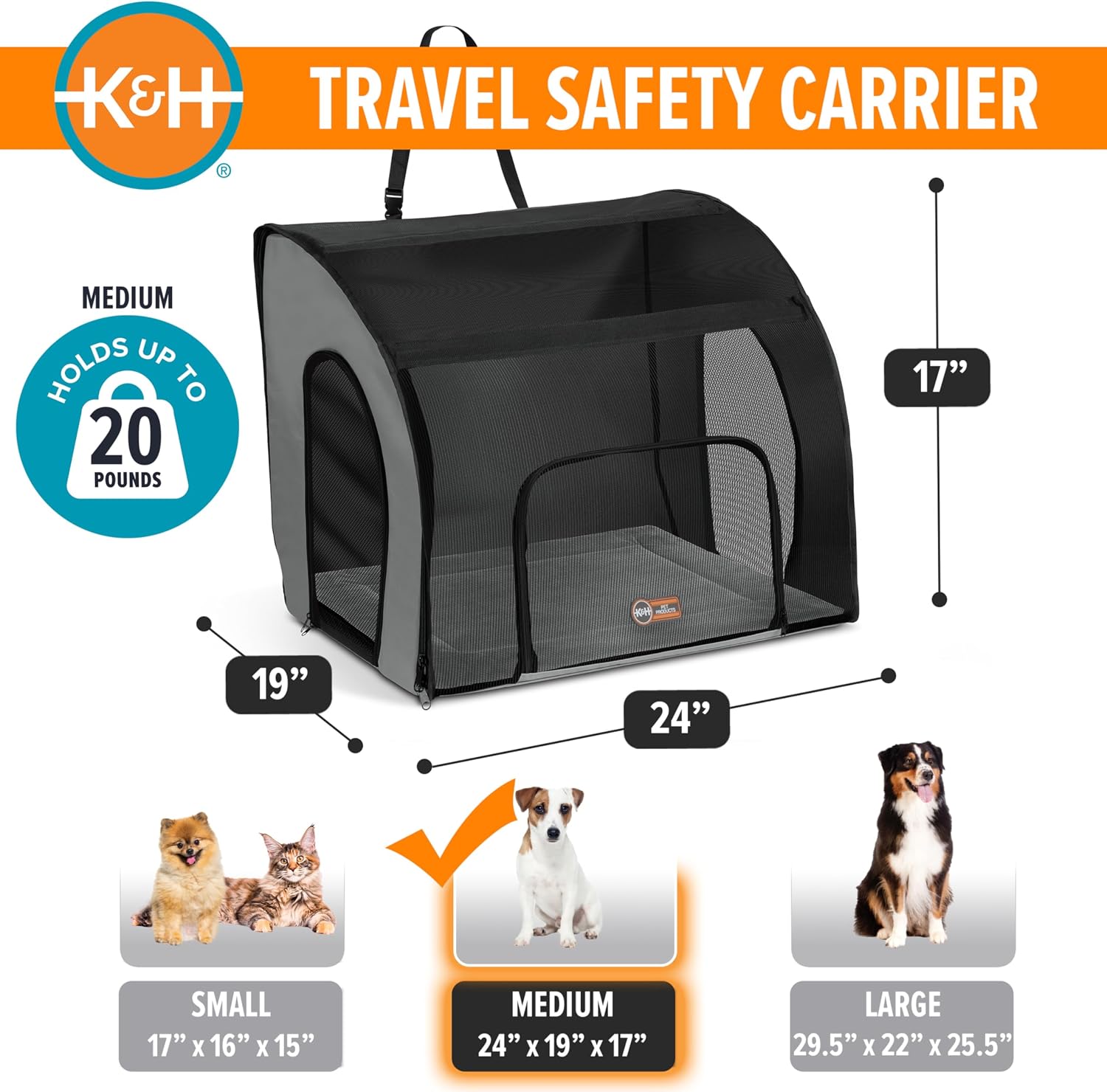 K&H Dog Car Seat, Travel Safety Carrier for Pets, Medium, Gray/Black | Enclosed Car Seat for Dogs, Soft-Sided Covered Pet Carrier, Washable Pad, Multiple Entrances, Mesh Windows, 24x19x17in