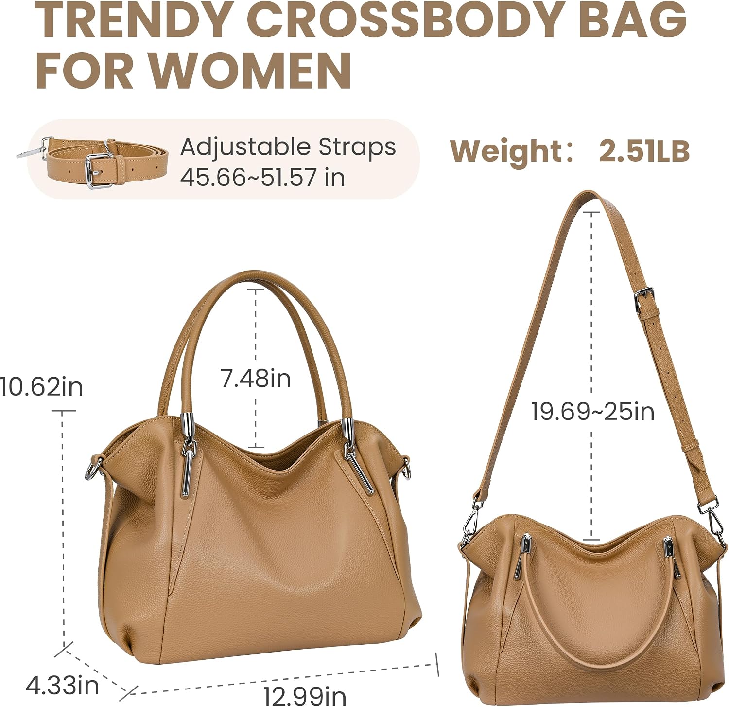 HESHE Leather Shoulder Purses for Women Tote Handbags Satchel Hobo Handbag | Designer Genuine Leather Travel Top Handle Work Bag Ladies Crossbody Purses Adjustable Straps Large Capacity Zippered Closure