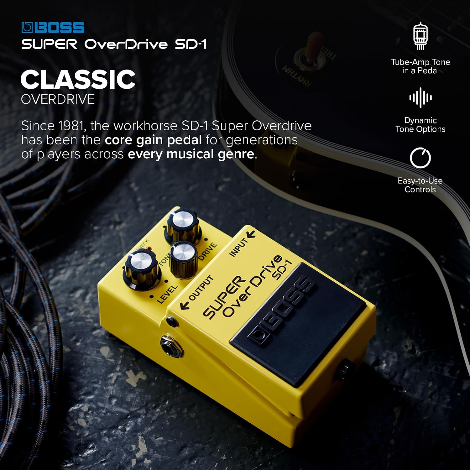 BOSS SD-1 SUPER Overdrive | Compact Overdrive Pedal | Genre-Defining Sound & Feel | Unique Clipping Circuitry Produces Tube-Like Characteristics | Dynamic Tone Options | Easy-To-Use Controls | Compact Overdrive Pedal. Genre-Defining Sound and Feel, Uniqu…