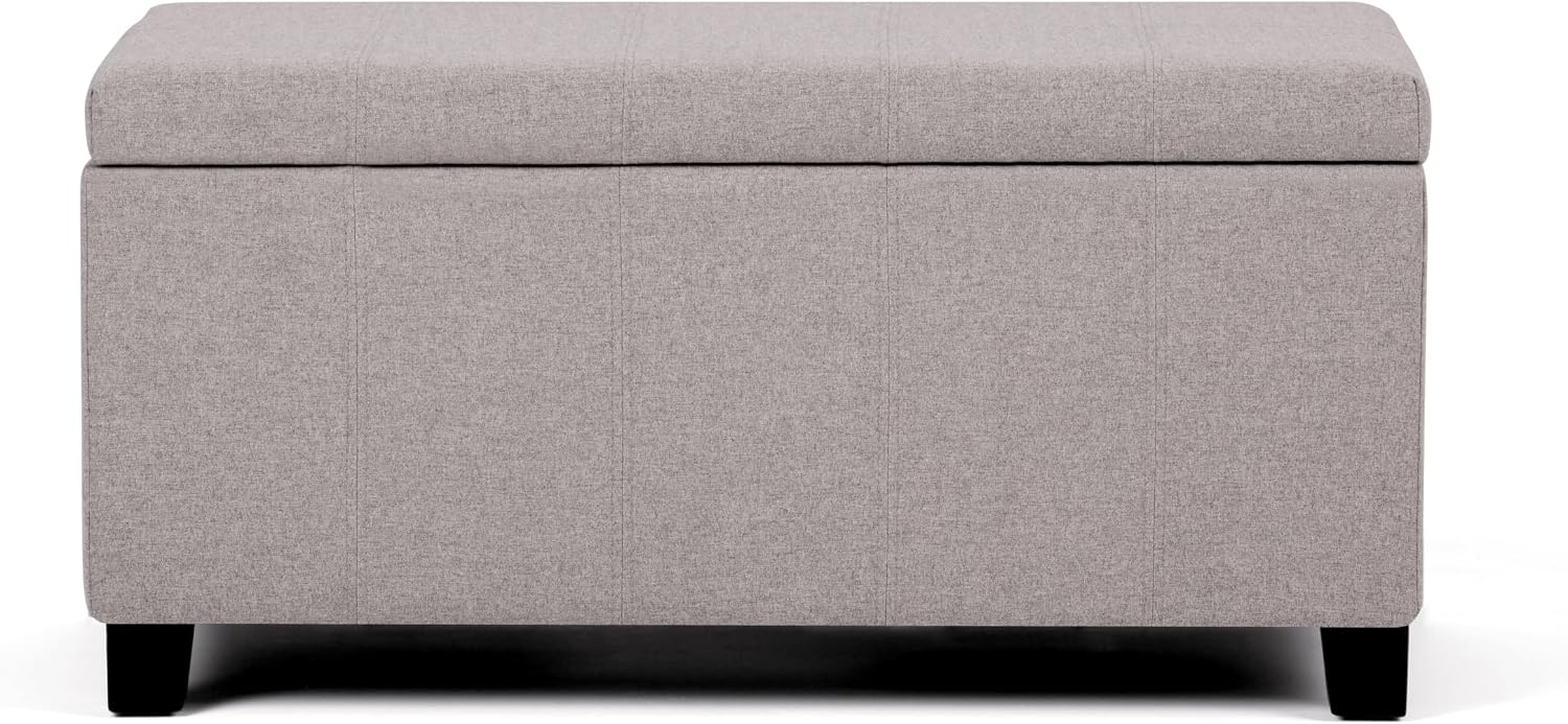 SIMPLIHOME Dover 36" Wide Vegan Leather Storage Ottoman in Midnight Black | Distressed umber brown, contemporary ottoman with lift-top and safety hinges; rectangle storage bench for living room.