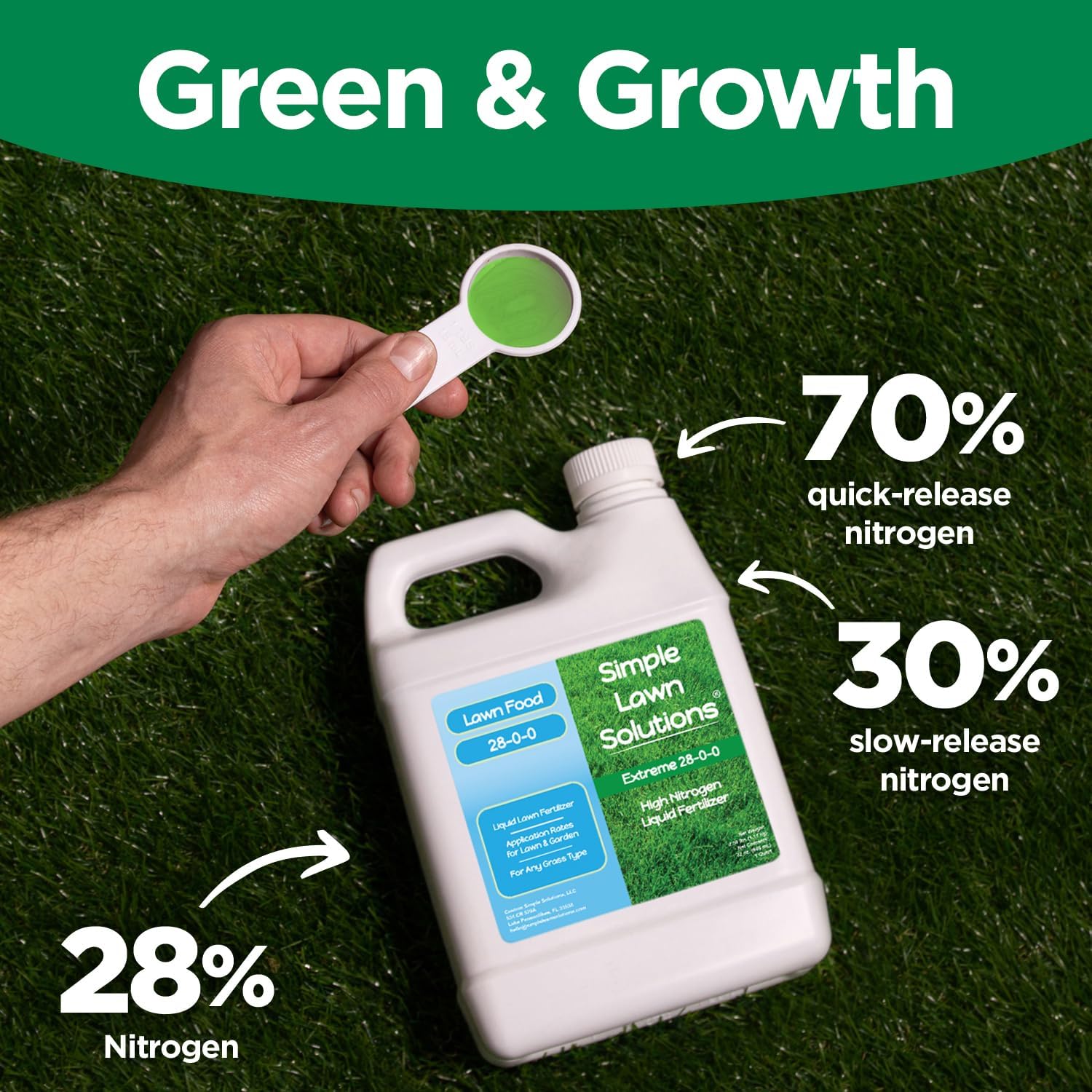 Maximum Green & Growth Fertilizer High Nitrogen 28-0-0 Liquid Lawn Food Spray Spring & Summer- Any Grass Type- Simple Lawn Solutions - Concentrated Quick & Slow Release Attached Sprayer (32 Ounce)