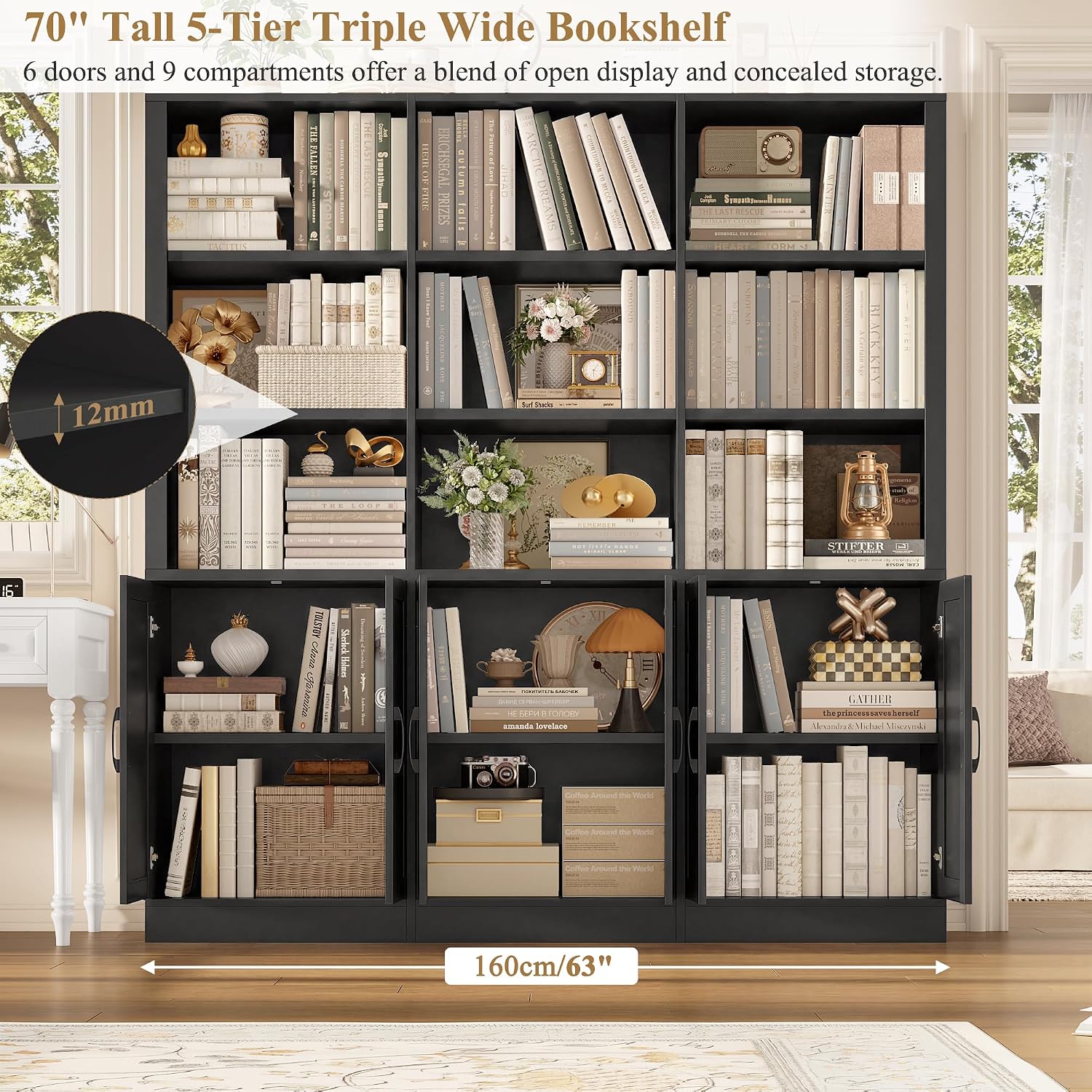 70” H x 63” W Triple Wide Bookshelf, Tall Bookcase with 6 Doors | 5 Tier Book Shelf with 15 Storage Shelves, Tall Book Case Large Bookshelves with Storage Cabinet for Home Office, White