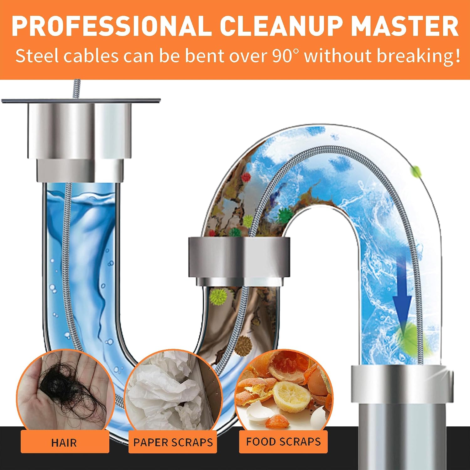 BACOENG 25Ft Drain Auger, Heavy Duty Plumbing Snake with Drill Adapter, Use Manually or Powered for Drain Clog, Shower Sink, Comes with Gloves and Bag (Orange)