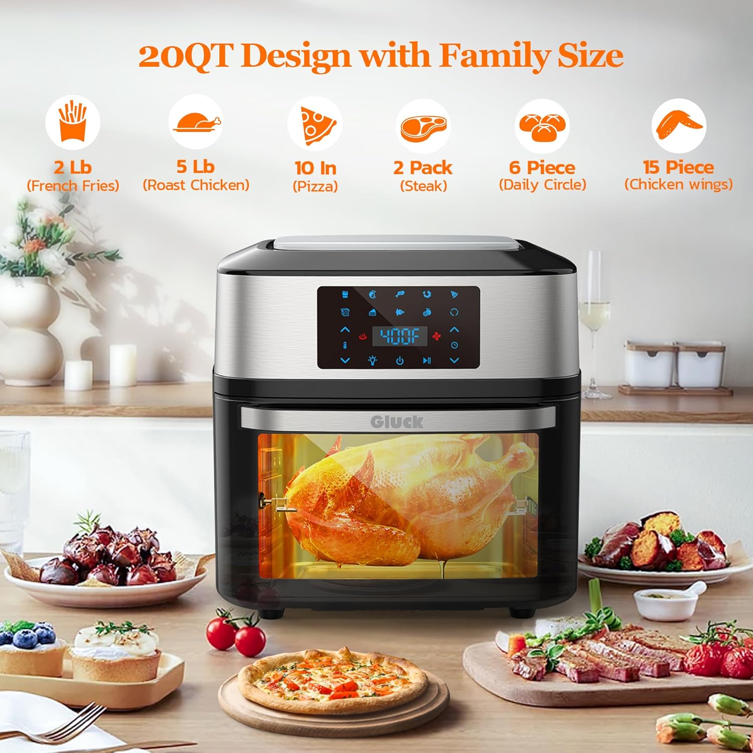 Air Fryer Oven Large 20 QT, Multifunctional 10-in-1 Airfryer Toaster Combo | Family Size, 3 Cooking Racks, Big Window, Rotisserie, Dehydrate, Bake