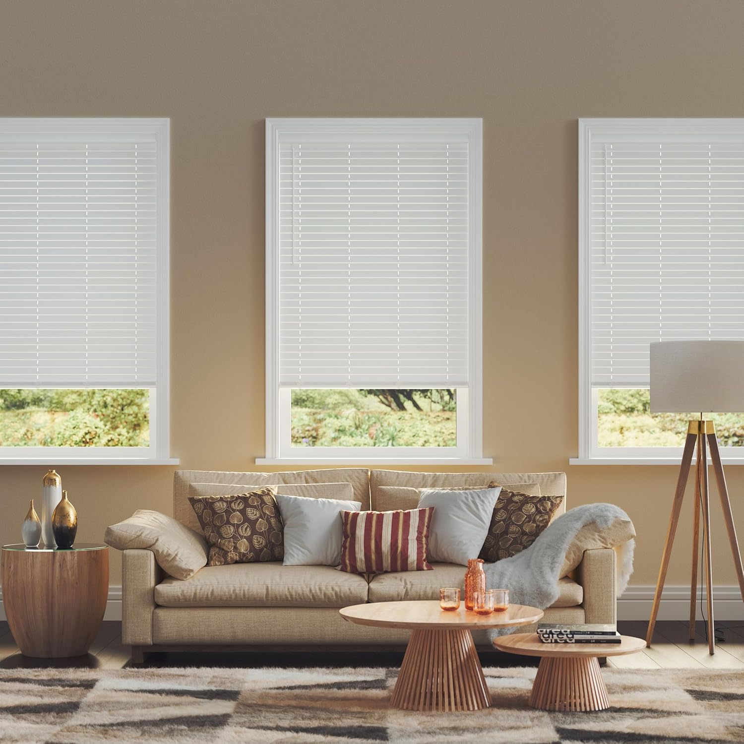 Lumino 2" Flat Slat Faux Wood Blinds, 34" W x 60" L White | Cordless, Built in Valence for Easy Installation, Custom Sizes