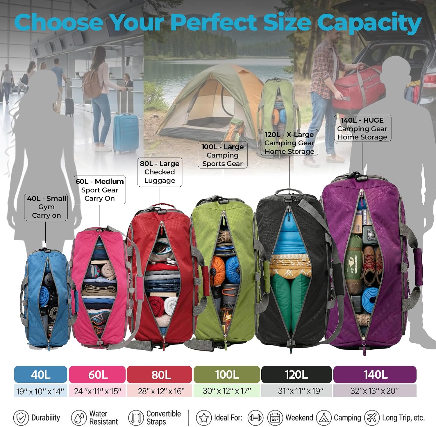 Bago Large Duffle Bag for Travel Women & Men. Durable Lightweight Foldable Travel Duffel Bags For Traveling Women. 80L Duffle Bags For Overnight Bag With Shoe Compartment Collapsible Weekender duffel