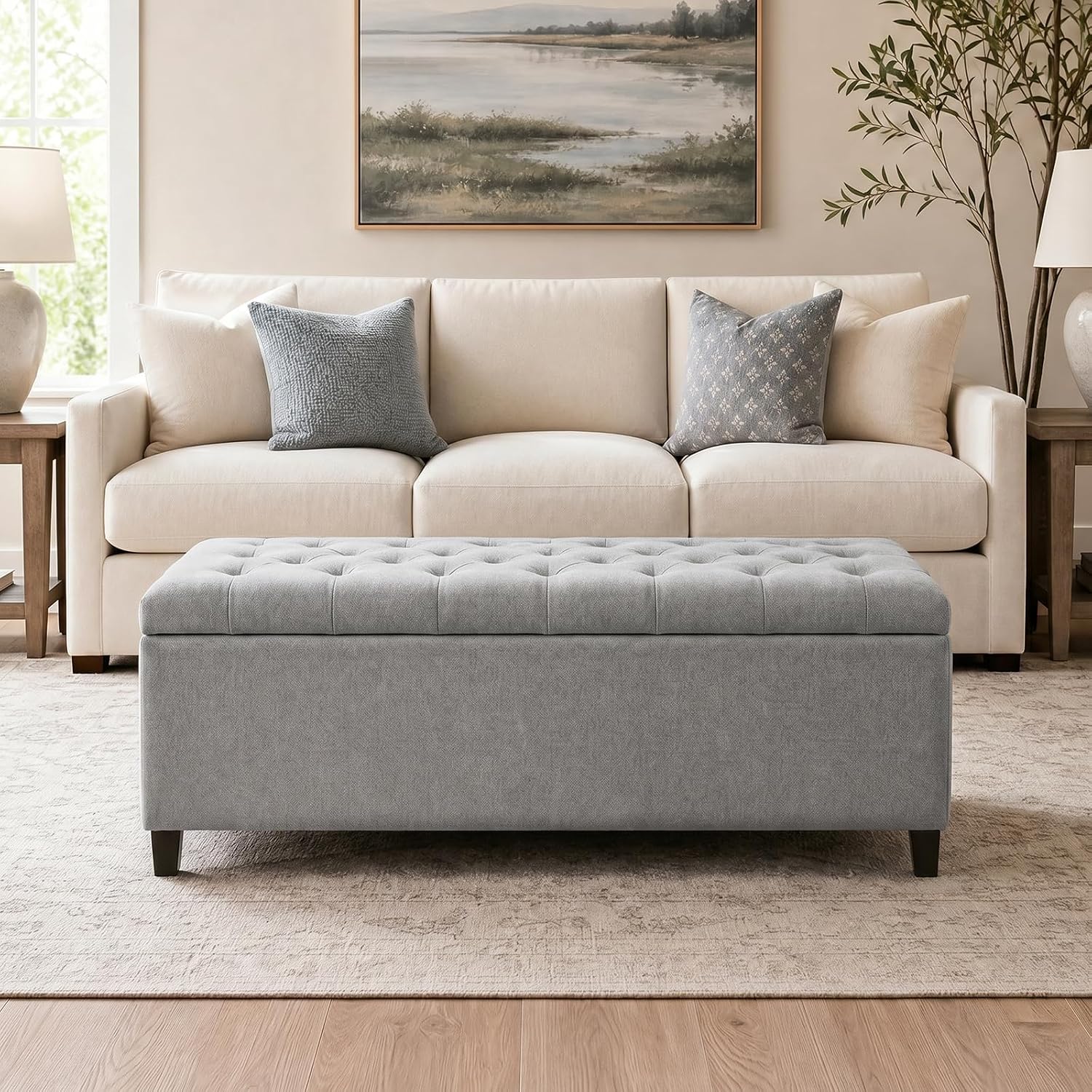 Madison Park 49" Upholstered Storage Bench, Button Tufted End of Bed Bench with Storage, Dual Spring Soft-Close Lid, Bedroom Bench for Queen King Bed, Entryway Living Room, Grey
