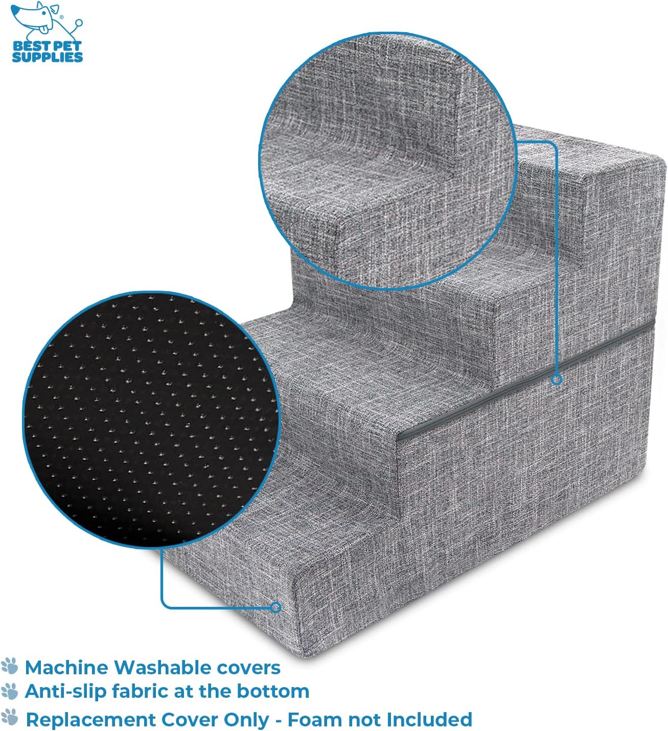 Best Pet Supplies Non-Slip Foam Dog Stair & Pet Ramp, Balanced Indoor Step Support - Foldable Stair, Ash Gray Linen,3-Step