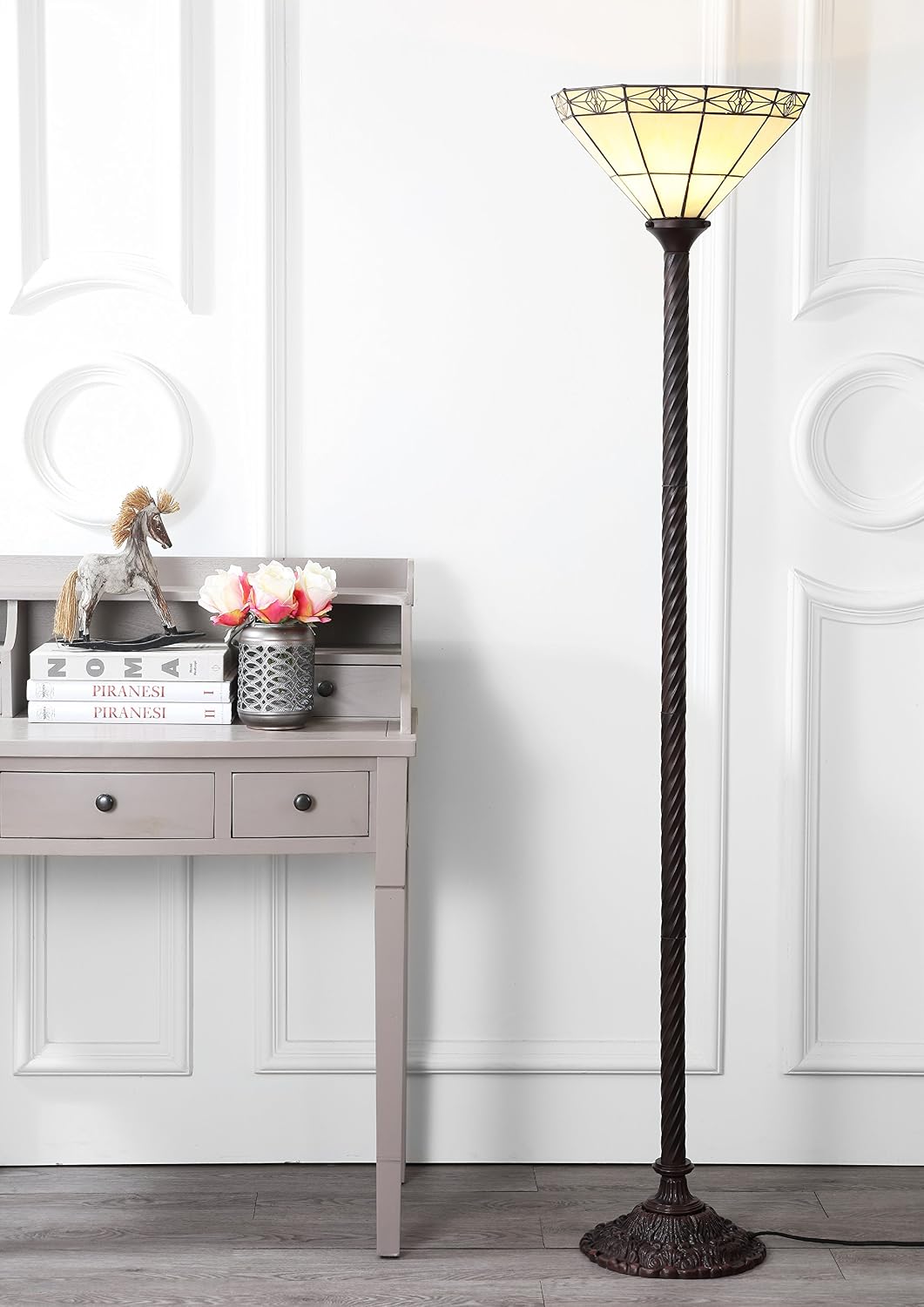 JONATHAN Y Moore Tiffany Style Torchiere Floor Lamp 68.57" Metal, Bronze | Handcrafted Multi-Color Stained Glass Bowl Shade