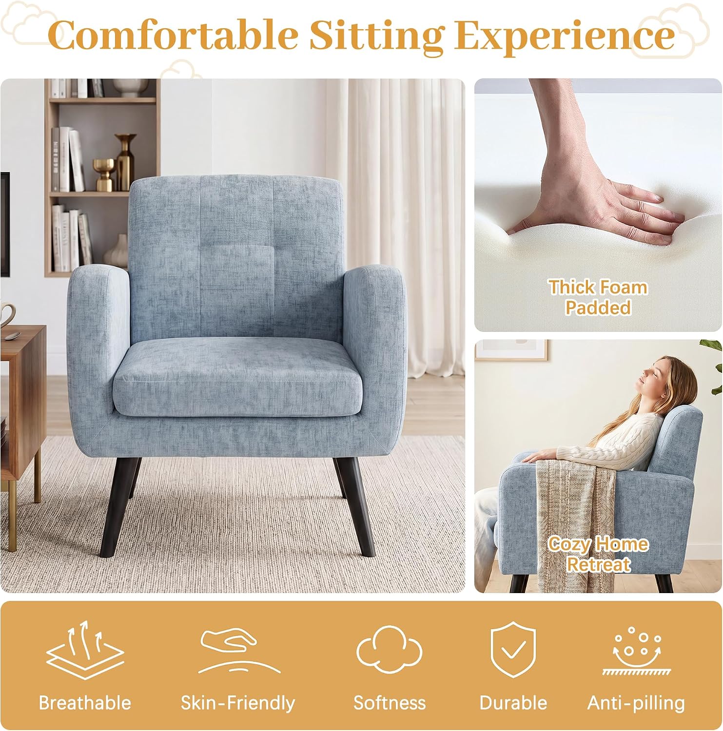 LSSPAID Modern Accent Chairs, Upholstered Fabric Cozy Armchairs, Living Room Side Chair with Solid Wood Legs, Blue