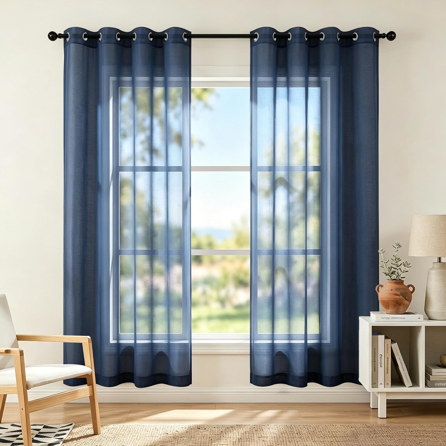 KOUFALL White Sheer Curtains 72 Inches Long for Bedroom Set of 2 Panels Grommet Faux Linen Window Voile Semi Baisc Decorative Sheer Curtains for