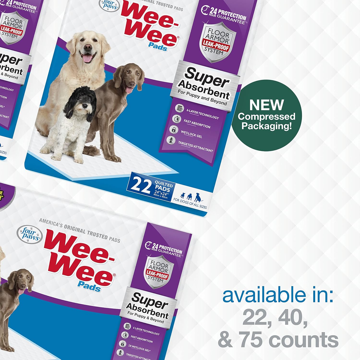 Four Paws Wee-Wee Super Absorbent Pads for Dogs, 22 Count | Leak-proof puppy pads, locks in wetness, dog housebreaking & potty training, all day floor protection, 24" x 24"