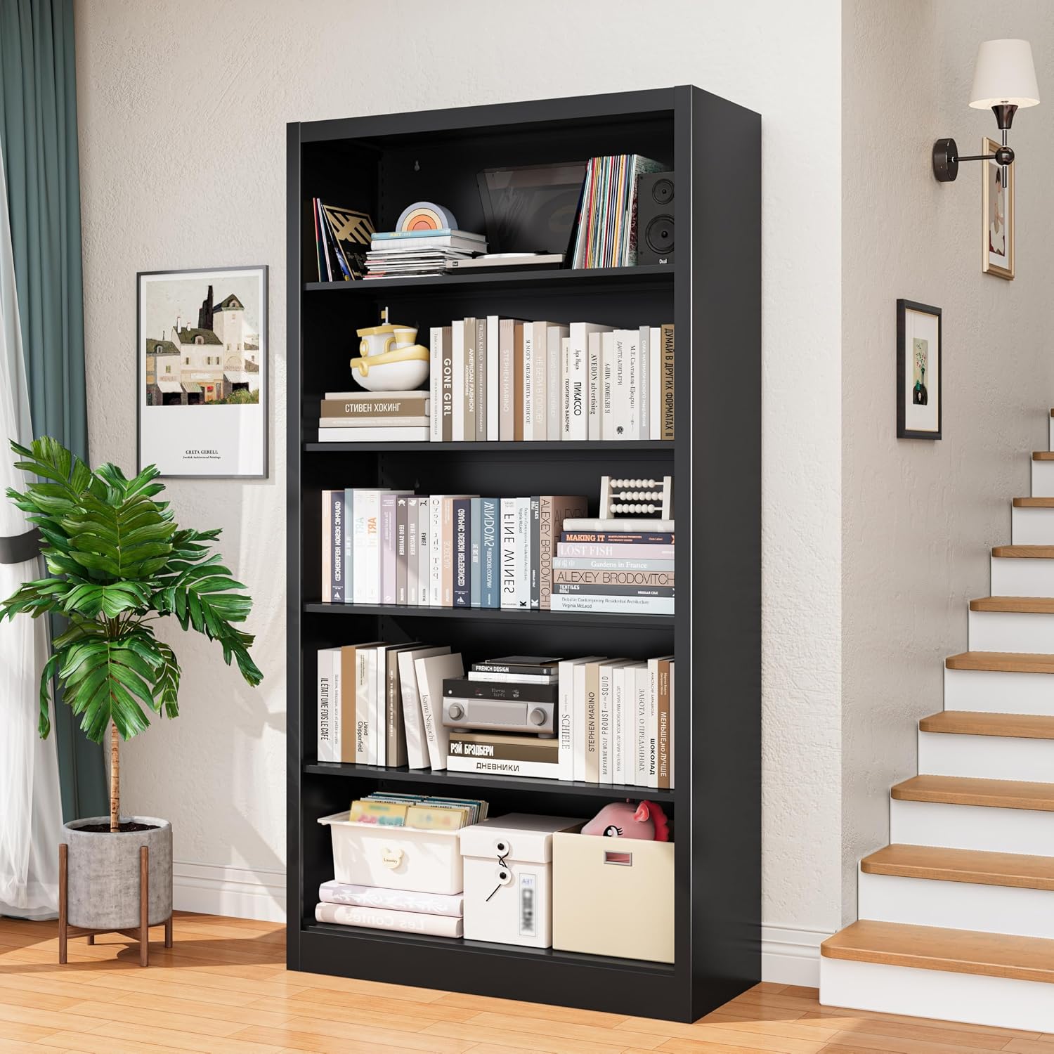 66 in Black Heavy Duty Metal Bookshelf, 5-Tier Adjustable Tall Bookcase, Industrial Floor Standing Storage Shelf 180 lbs Load Per Shelf for Living Room Home Office Bedroom Garage