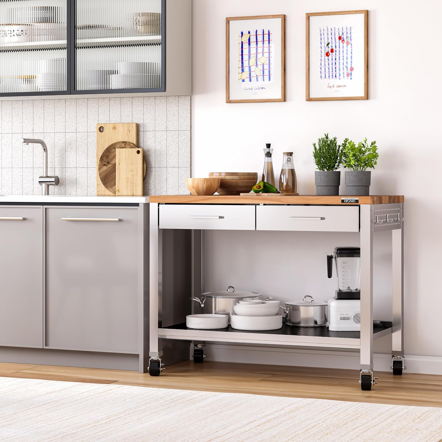 Stainless-Steel Commercial-Grade NSF-Certified Prep Table Cart, 24"W x 20"D | Heavy-duty durable utility workstation supports up to 450 lb w/ adjustable wire shelf and sliding basket on locking wheels