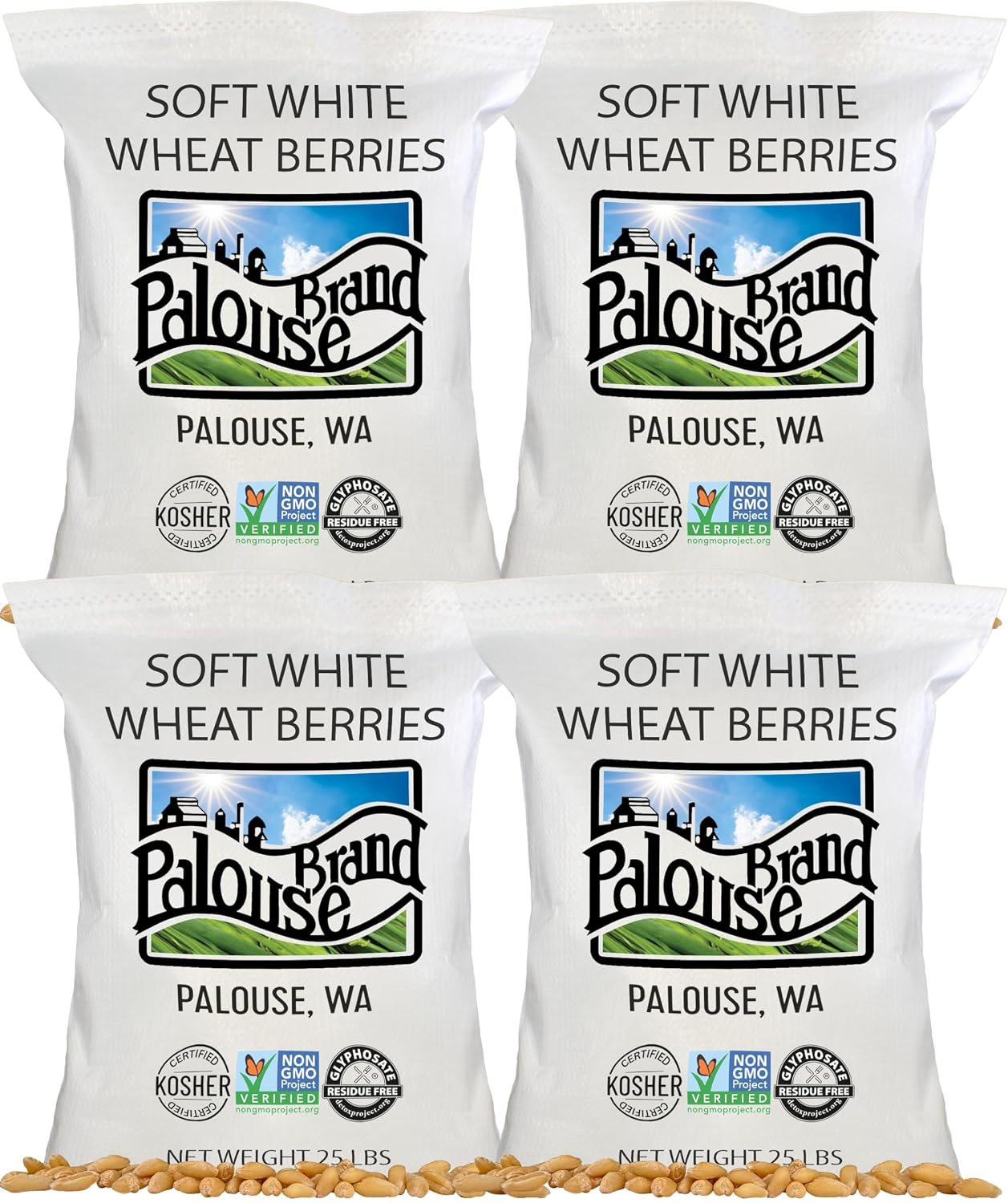 Palouse Brand Certified Glyphosate Residue Free Soft White Wheat Berries | 25 LBS Bulk | Family Farmed in Washington State | Sproutable | Non-GMO Project Verified | Kosher
