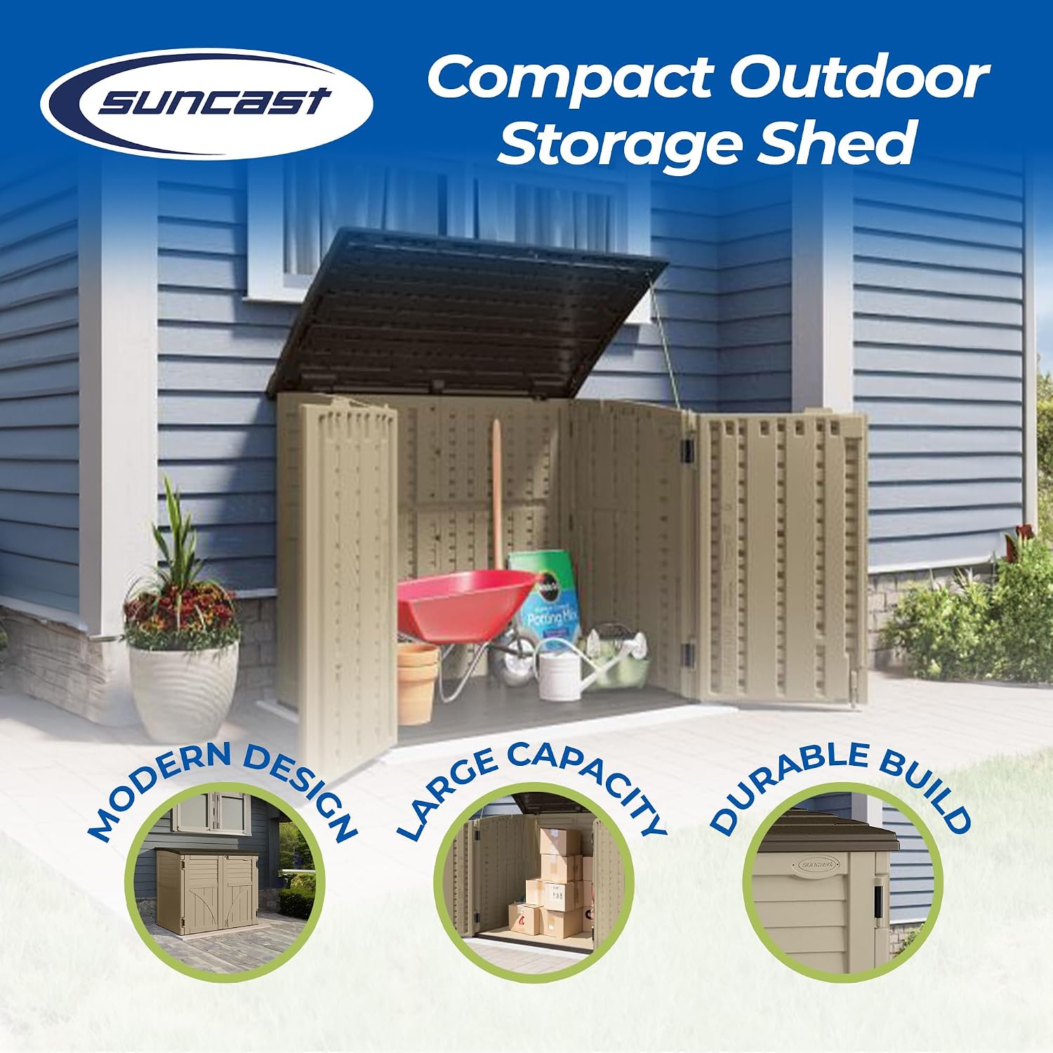Suncast Horizontal Shed, Compact Outdoor Storage System, 34 Cu. Ft. Capacity, Sand & Slate - Lockable Multi-Wall Resin Organizer for Garbage Cans