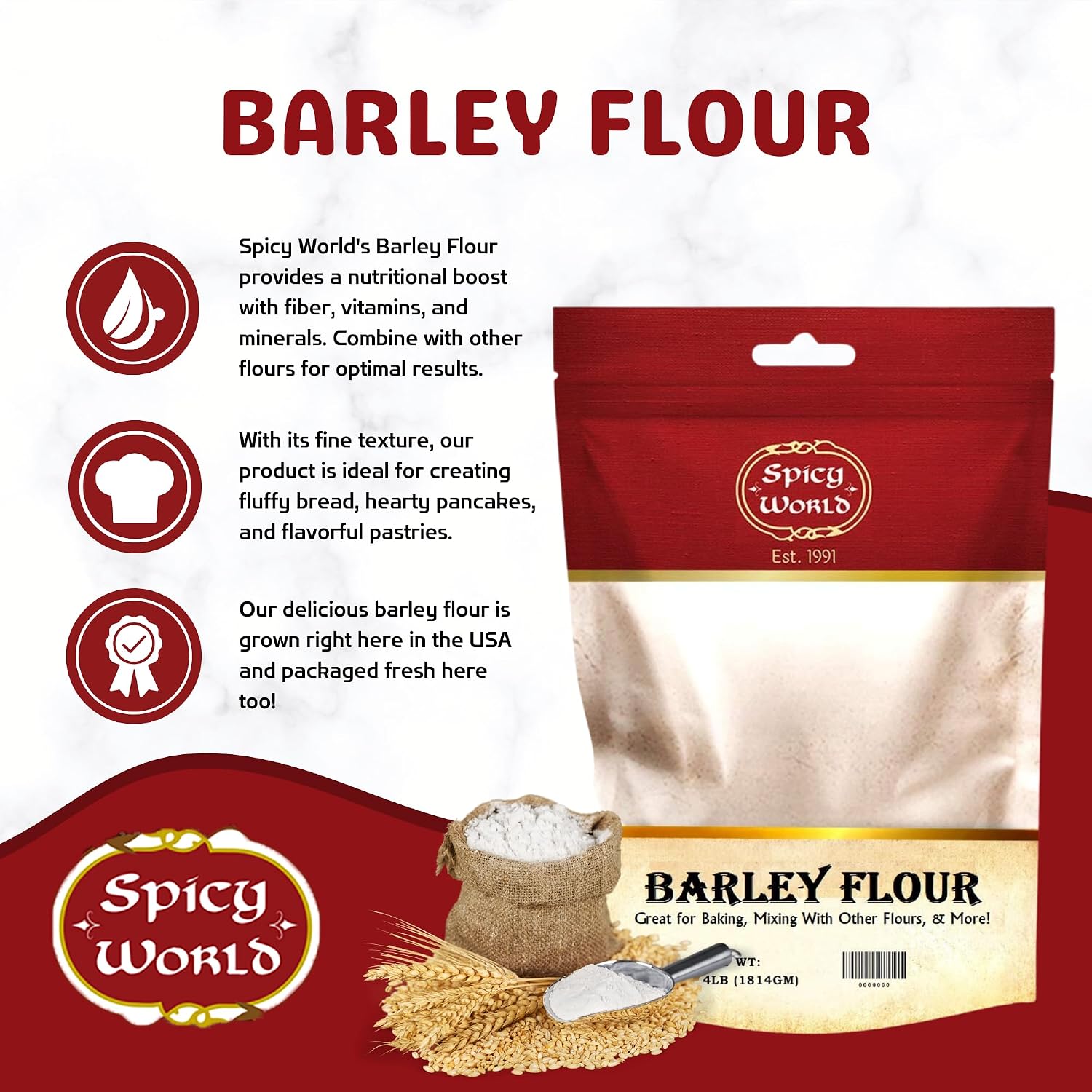 Spicy World Barley Flour - 4 lb (64oz) Bag | All-Natural, Raw, USA Grown | Versatile Barley Grain for Baking, Cooking, and More | Rich Source of Fiber