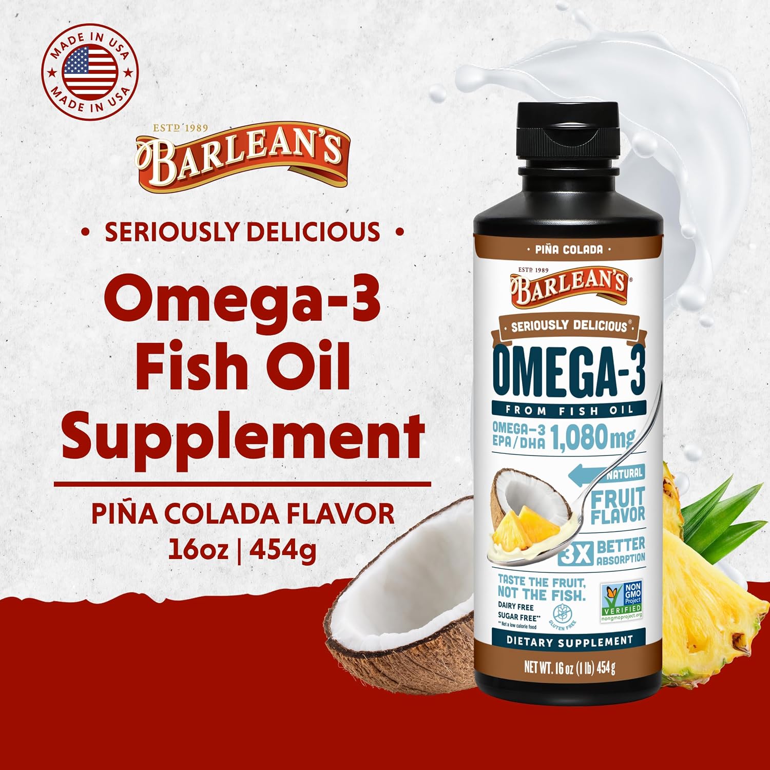 Barlean's Mango Peach Omega-3 Fish Oil, Vitamin D, 1080mg EPA & DHA, 8oz | Wild-caught fish oil plus vitamin D, EPA DHA omega-3, Burpless, Non-GMO, Gluten-free, Heart, brain, bone & immune