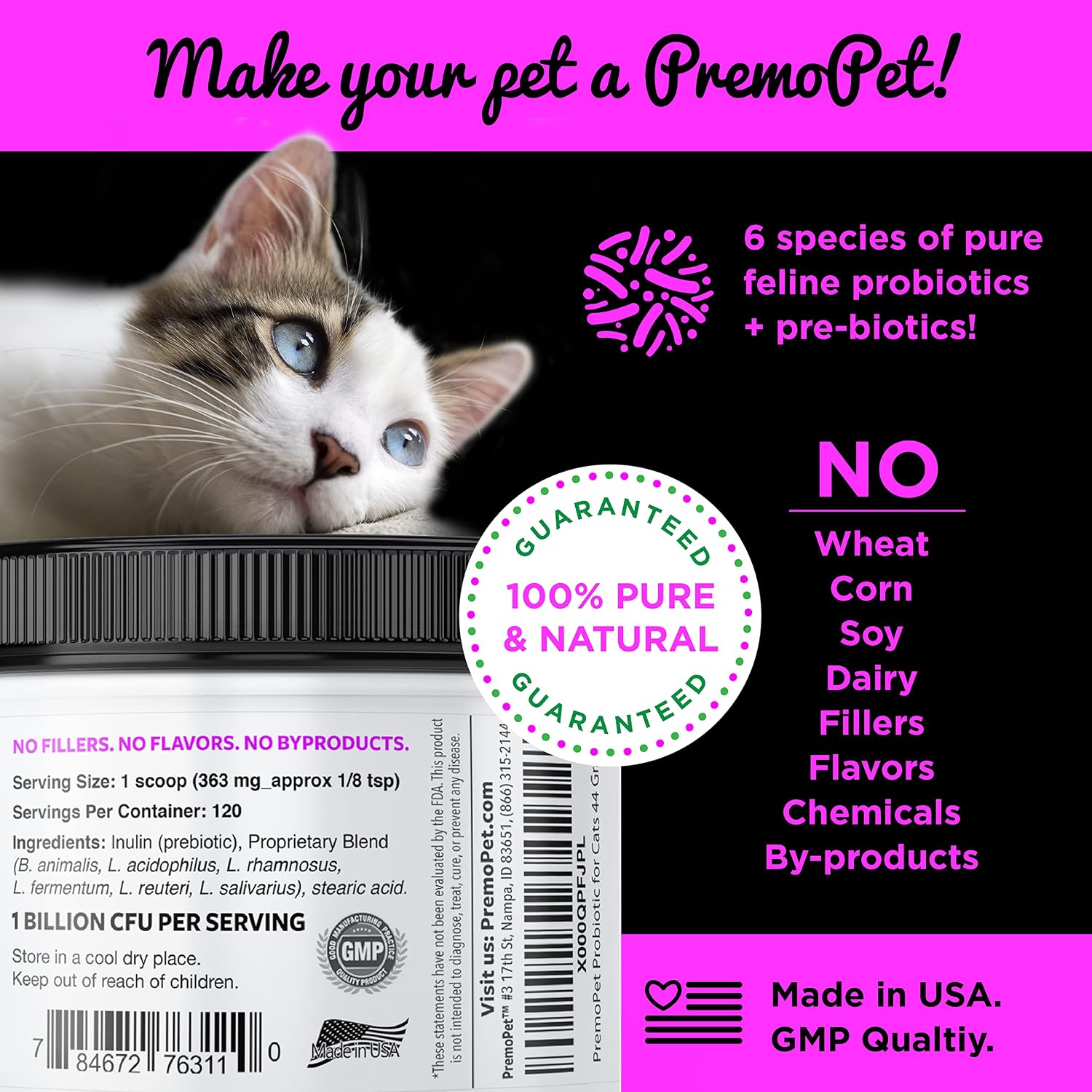 PROBIOTIC for Cats – 120 Servings - Premo Pet – Digestive Aid Plus Prebiotics - Best for Diarrhea, Vomiting, Gas
